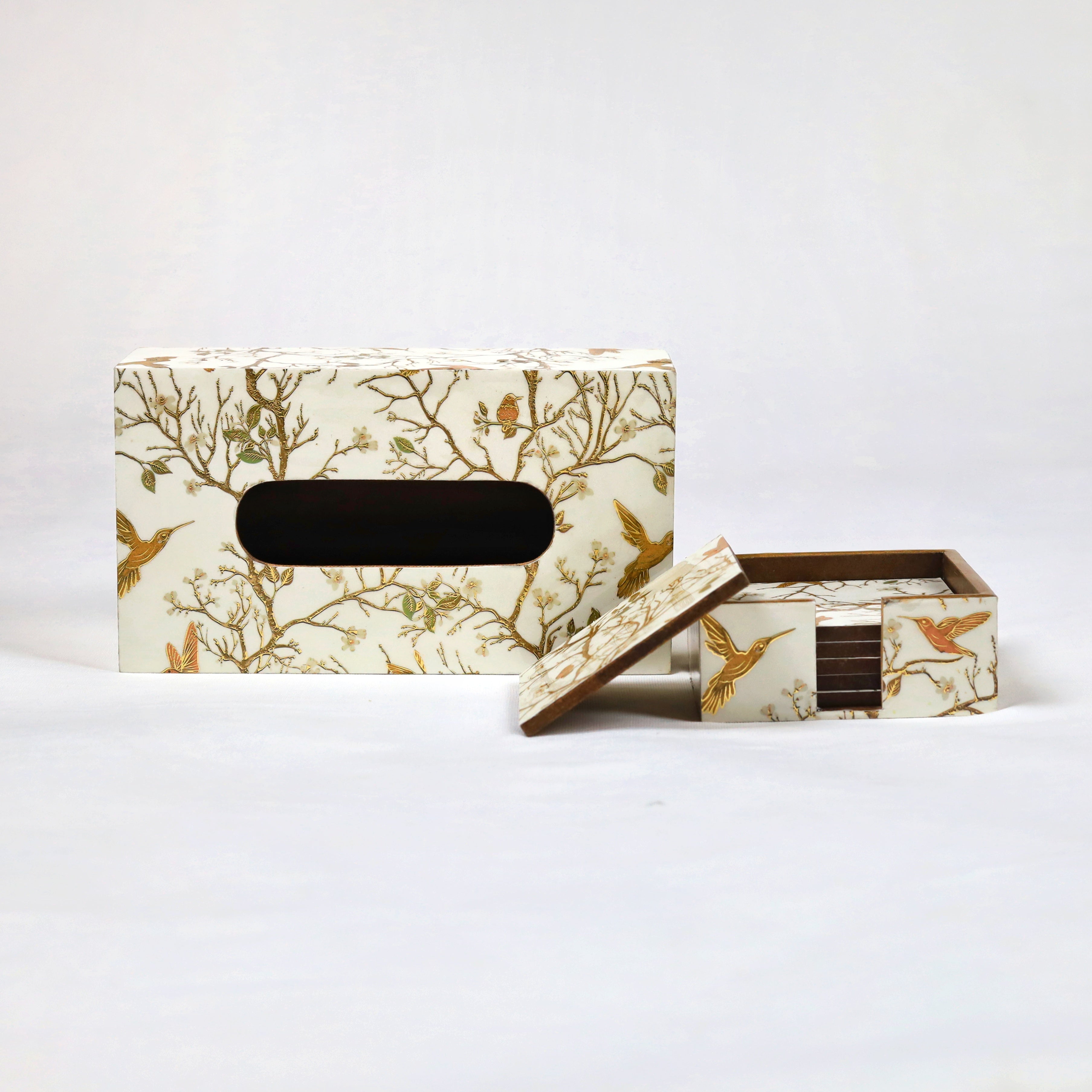 Premium coaster and tissue box set for dining areas
