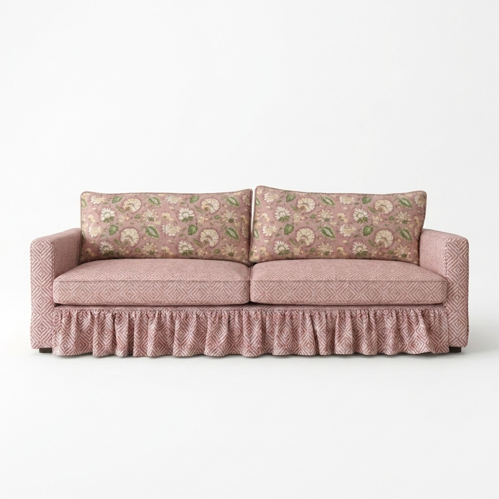Pink floral-patterned sofa on a white background