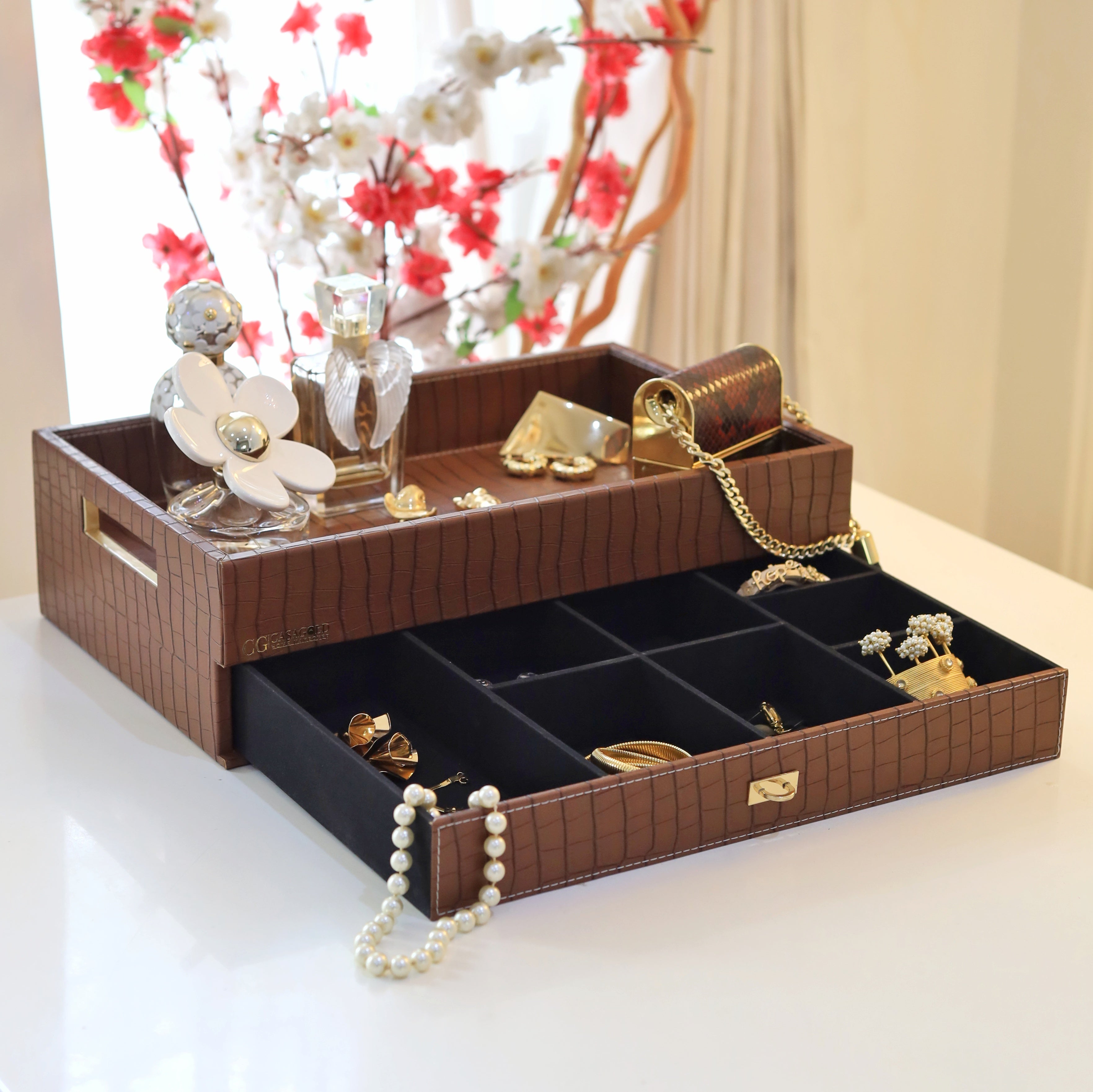 Premium tea tray with multiple storage compartments
