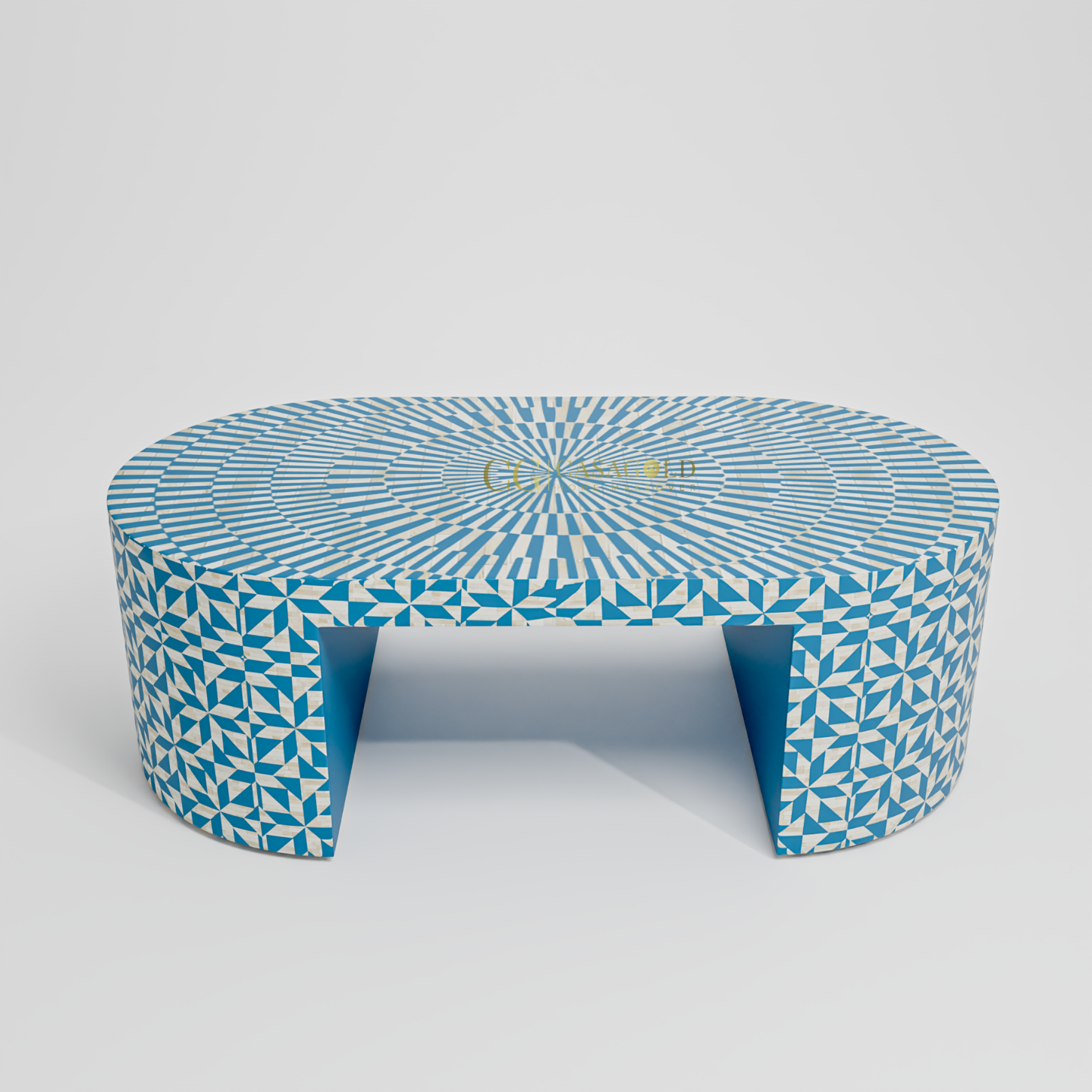 Oval coffee table with intricate blue and white radial geometric design and arched opening