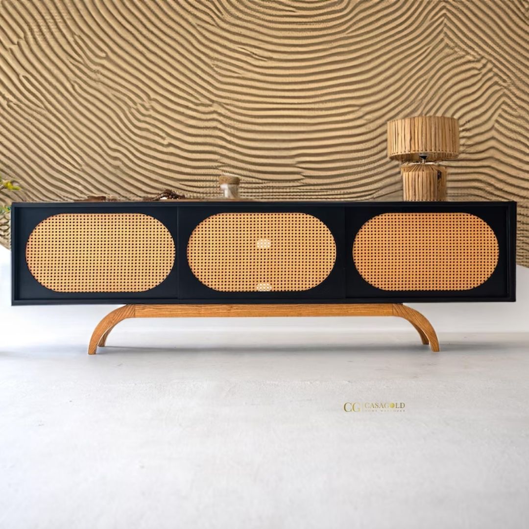 Handcrafted modern rattan and rubberwood media console with black finish and natural woven cabinet doors