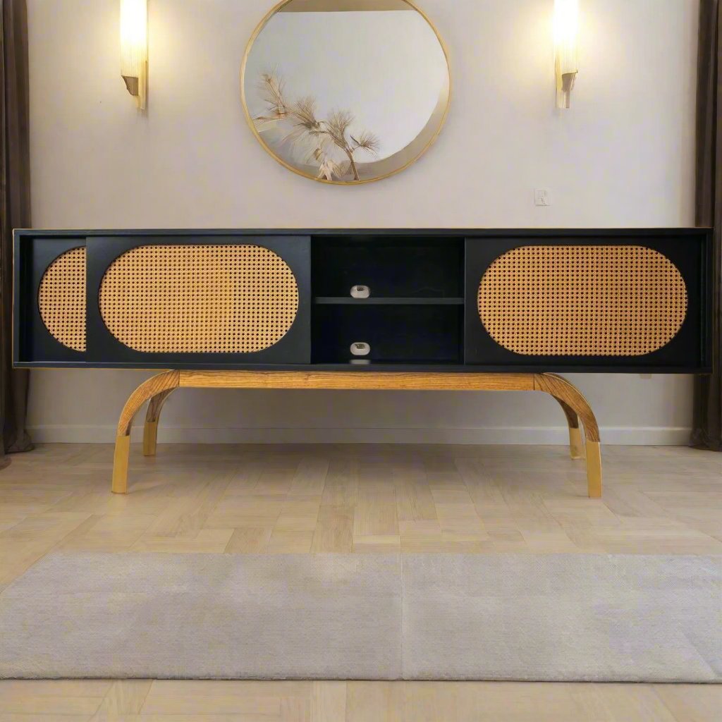 rattan media console in rubber wood furniture, a modern media console that is customisable. a perfect media cabinet handcrafted in black and natural rattan.