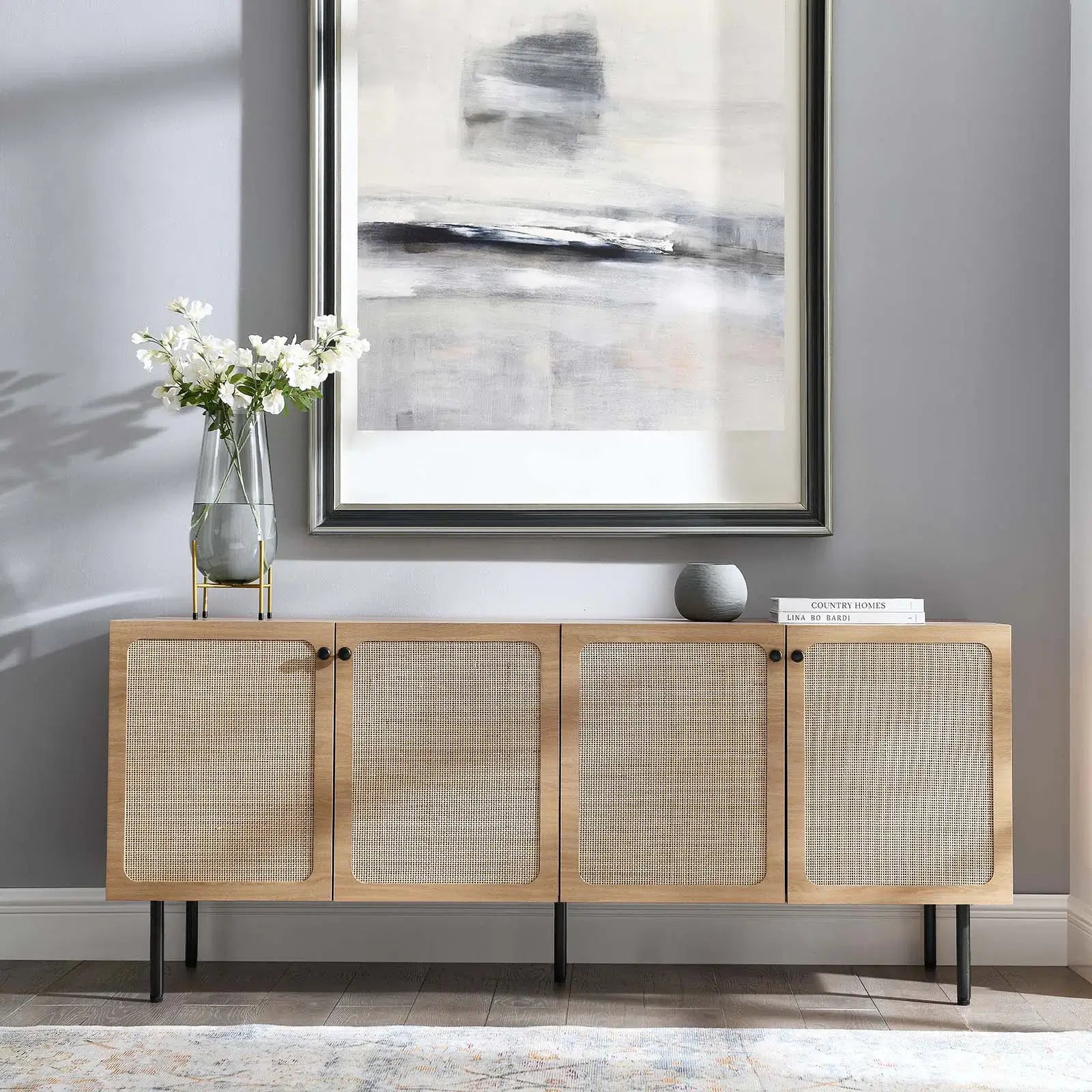 Modern rattan sideboard cabinet with natural finish
