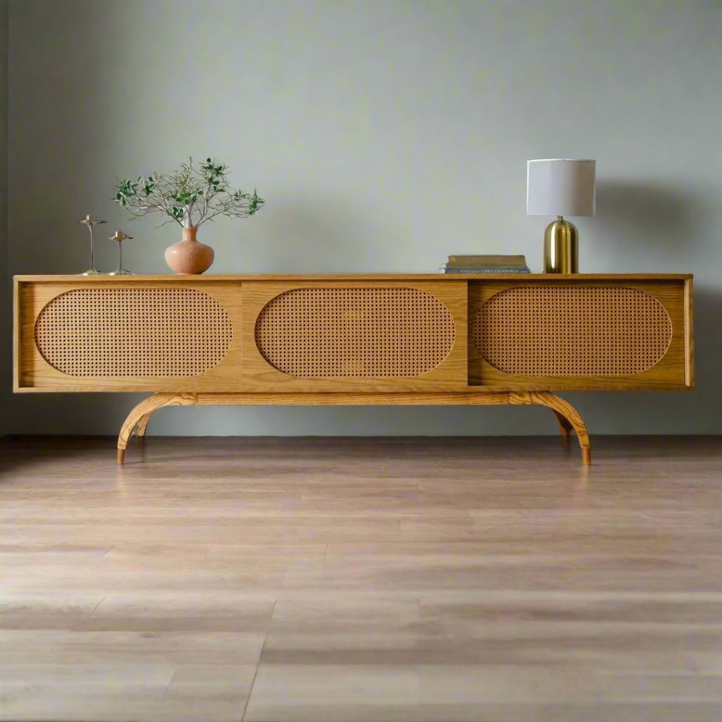 a curvy modern tradition media console for modern homes