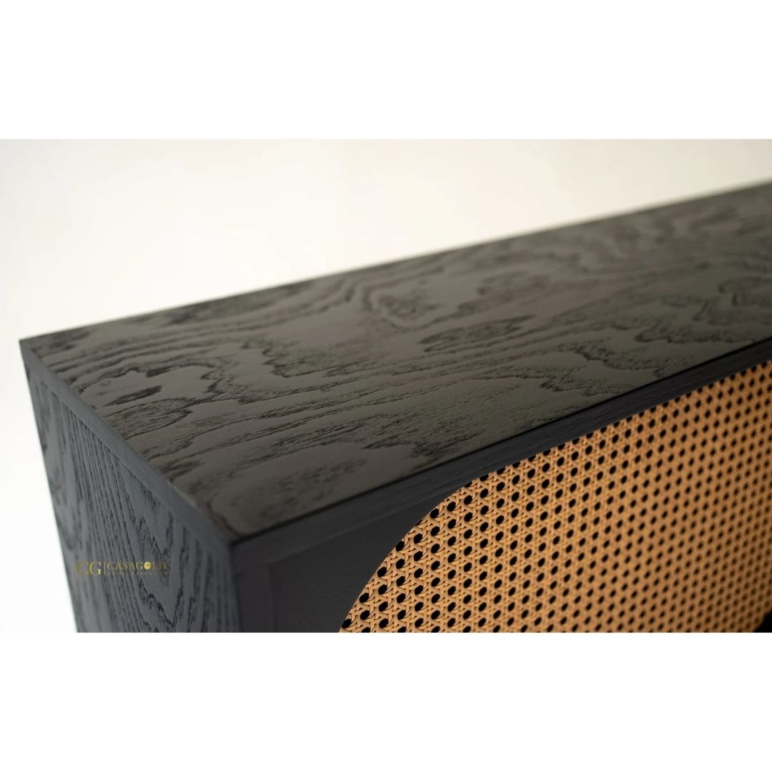 rattan media console that is customisable. a media cabinet in black and natural rattan.