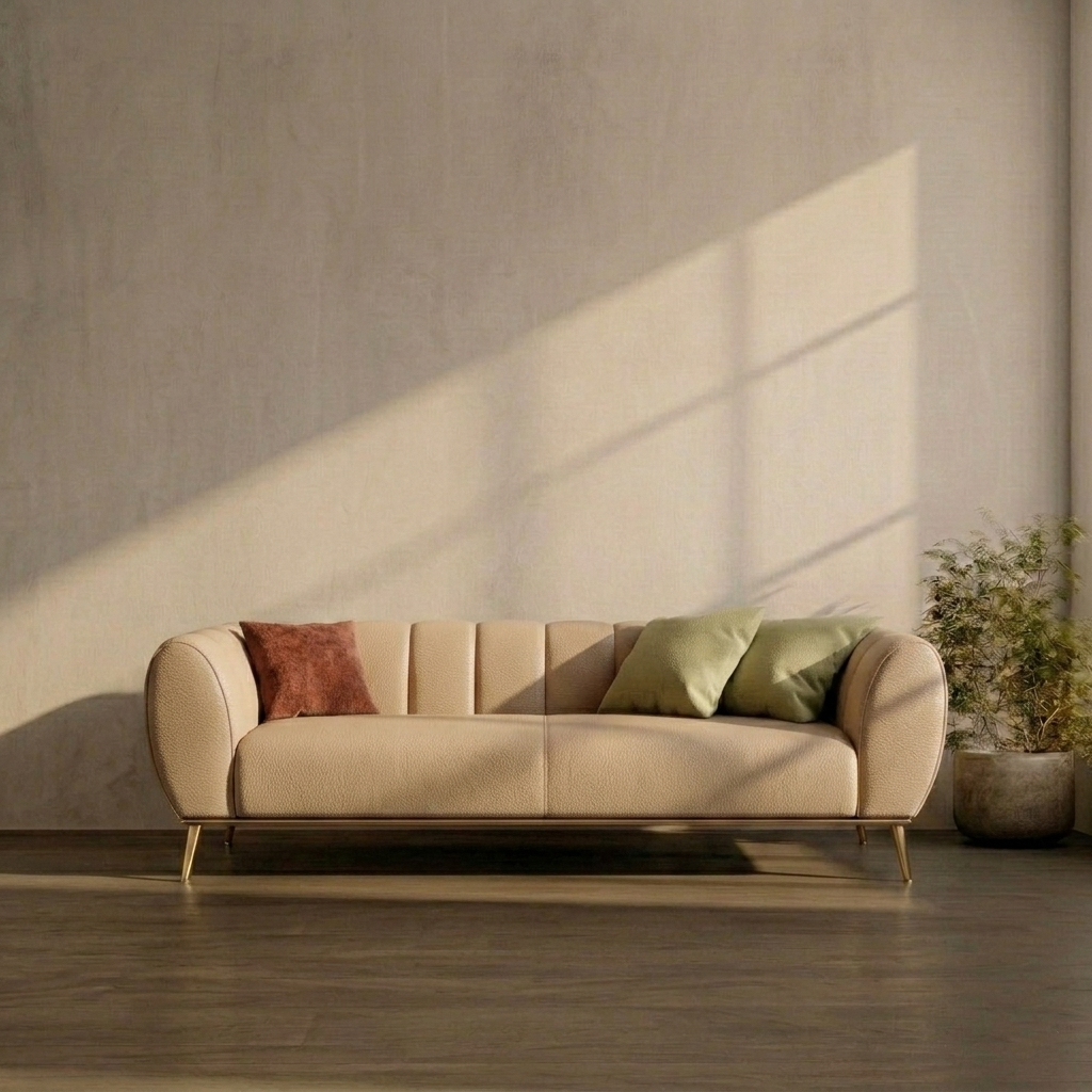 brown plush upholstered sofa