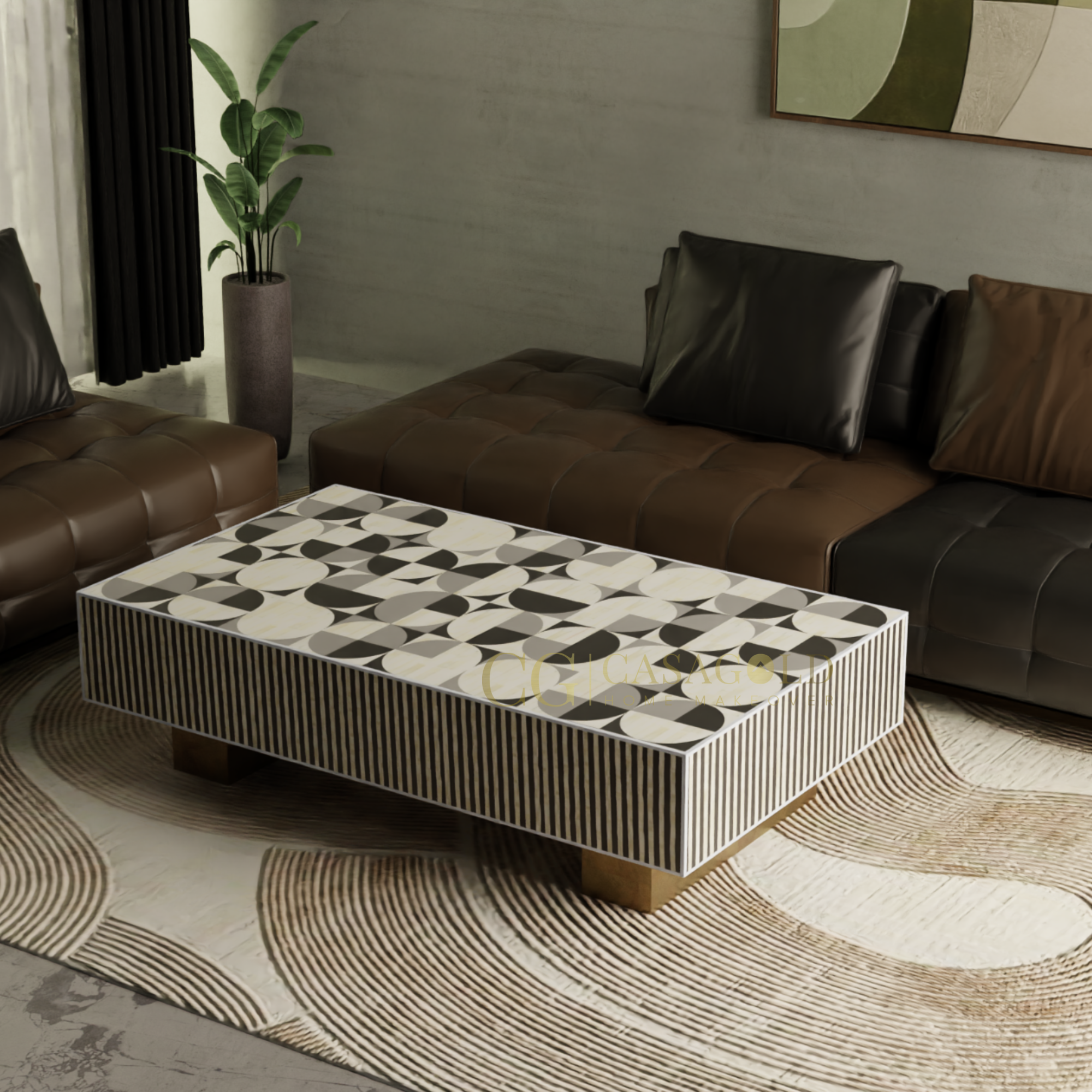 "Ethnic-style rectangular coffee table with bone inlay artwork"
