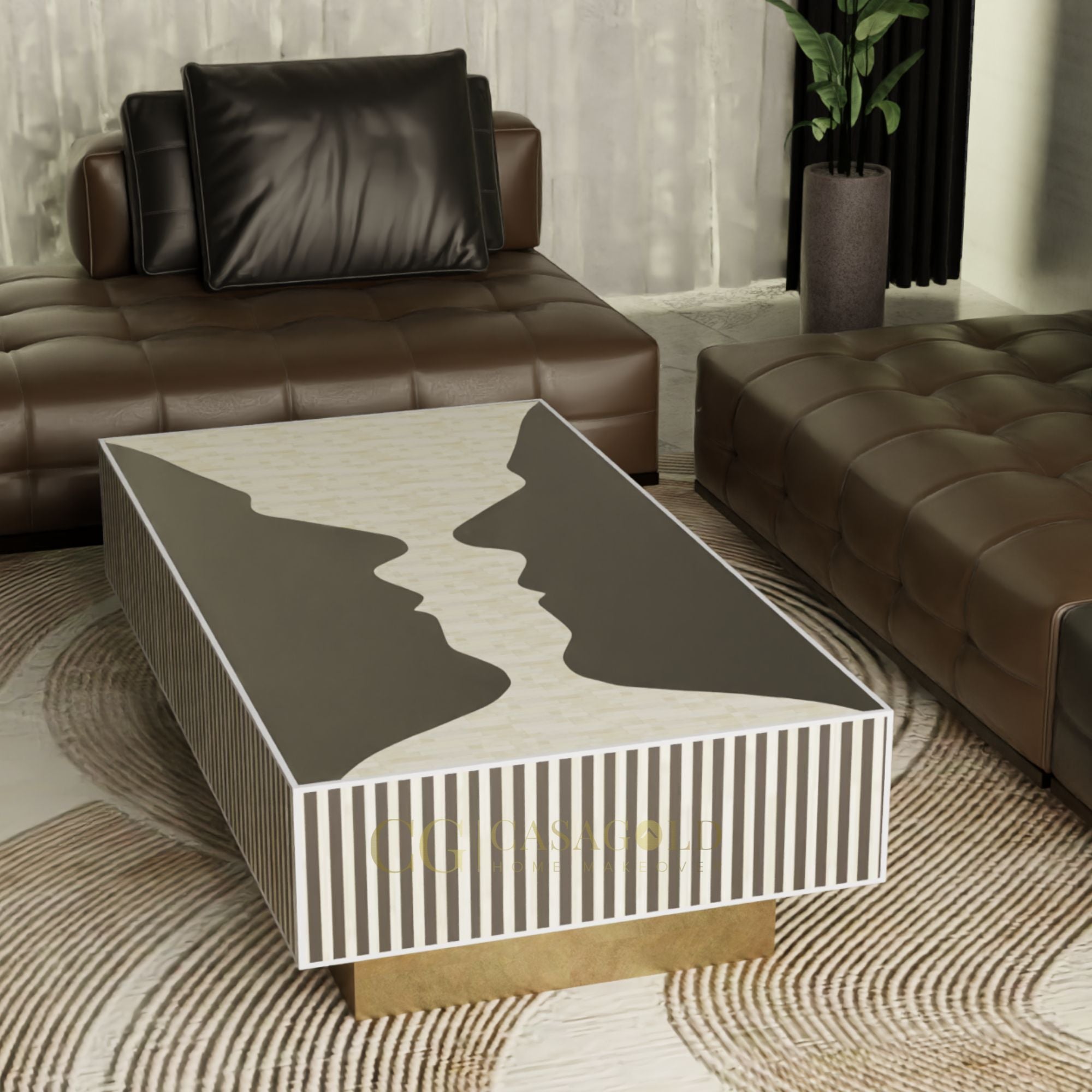 "Vintage rectangular coffee table with classic bone inlay pattern"
