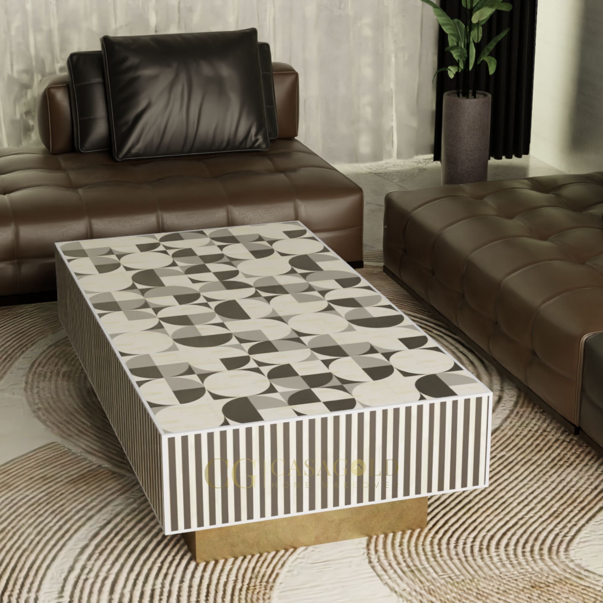 "Rectangular coffee table with bold patterned bone inlay designs"
