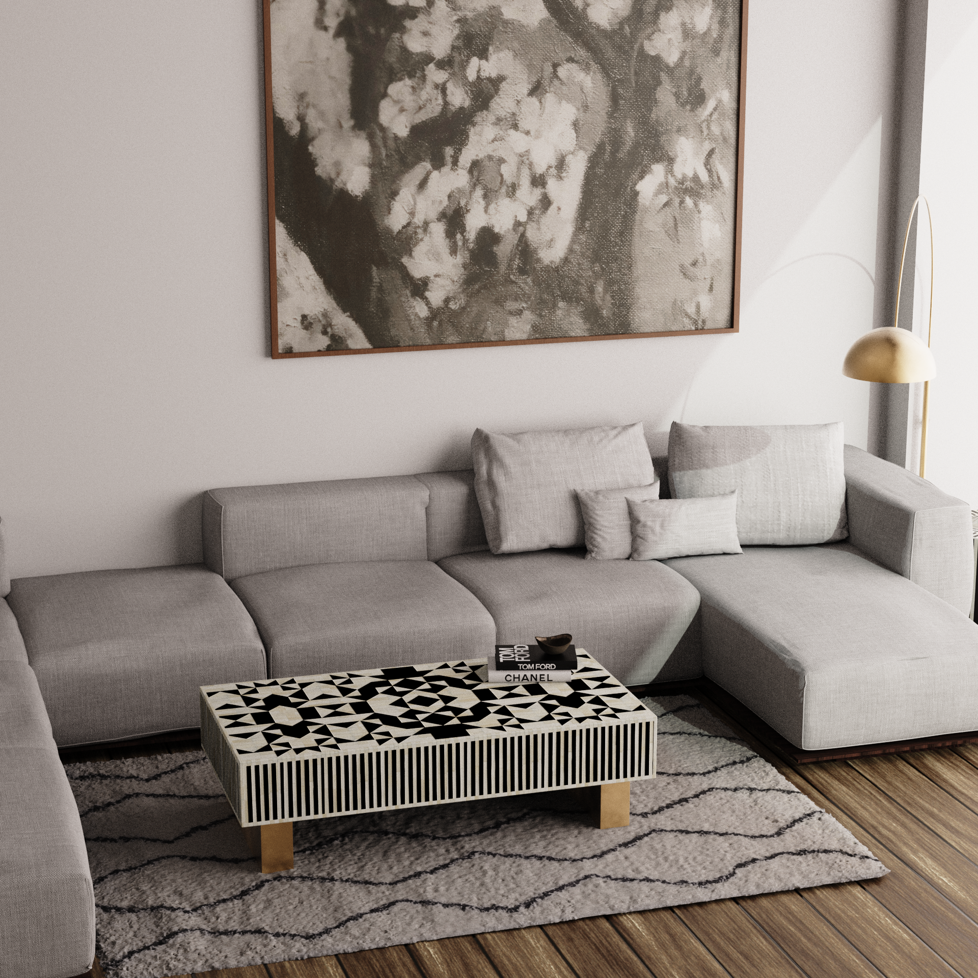 "Rectangular coffee table with diamond-patterned white & Black bone inlay"