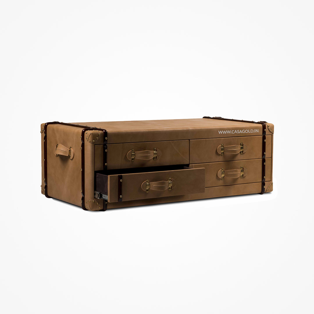 "Rectangular coffee table with intricate Solid Leather design"