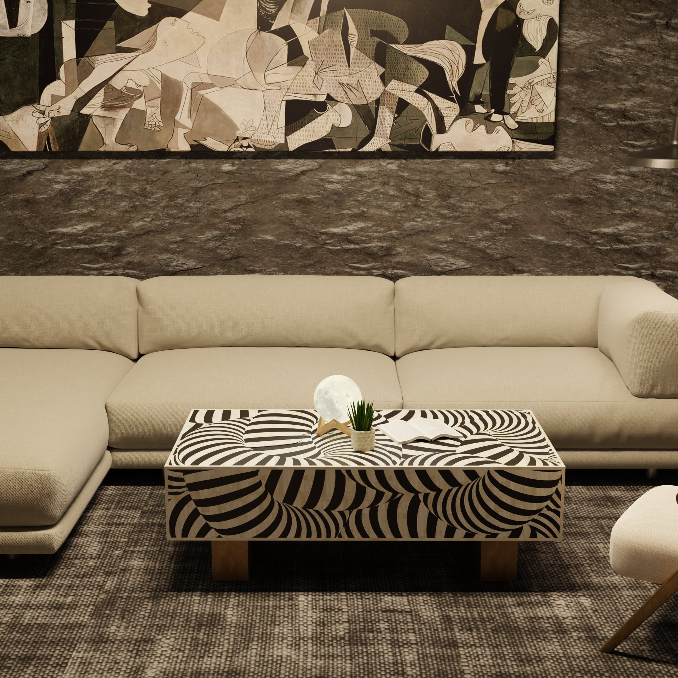 "Rectangular coffee table with intricate geometric bone inlay design"
