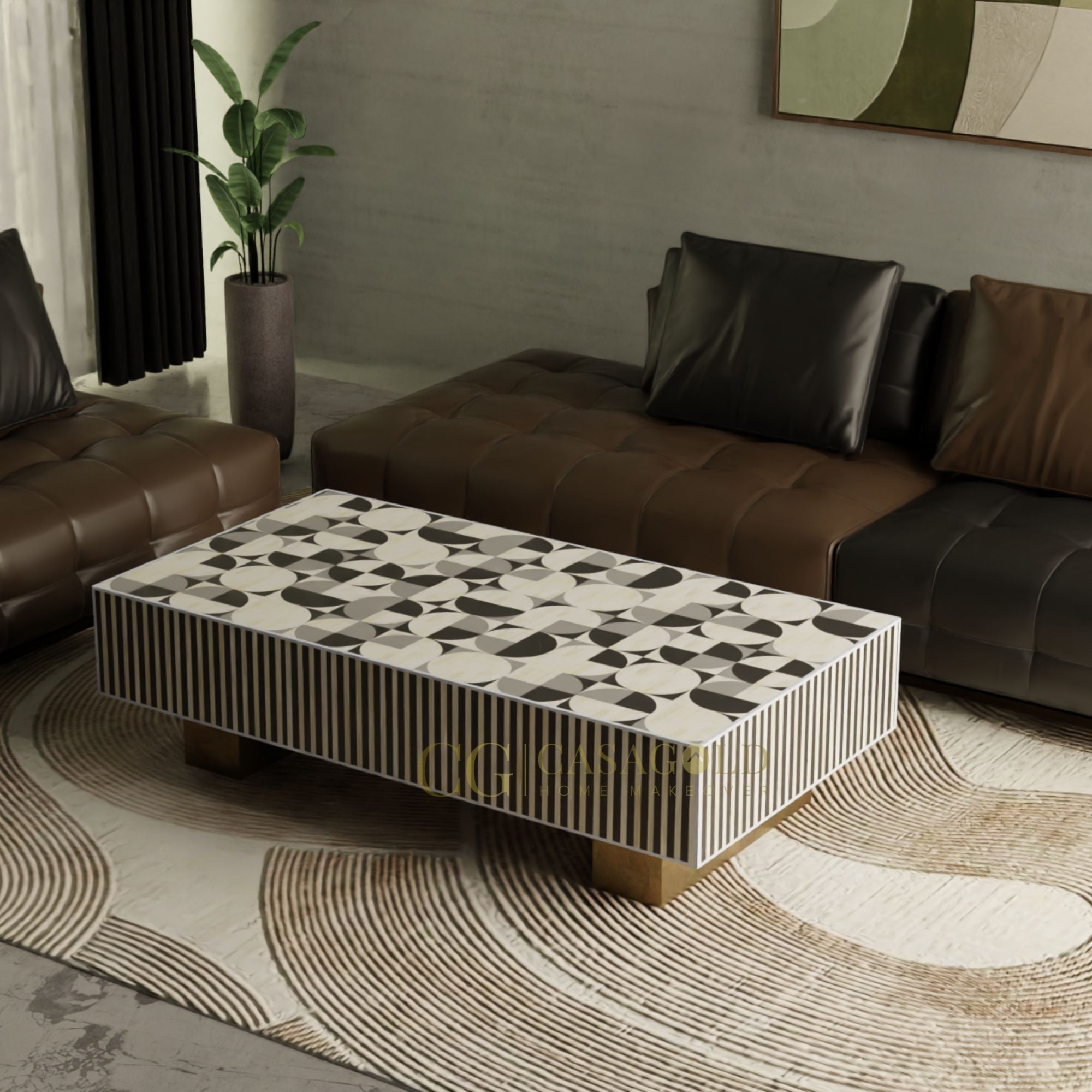 "Rectangular coffee table with intricate handcrafted bone inlay"

