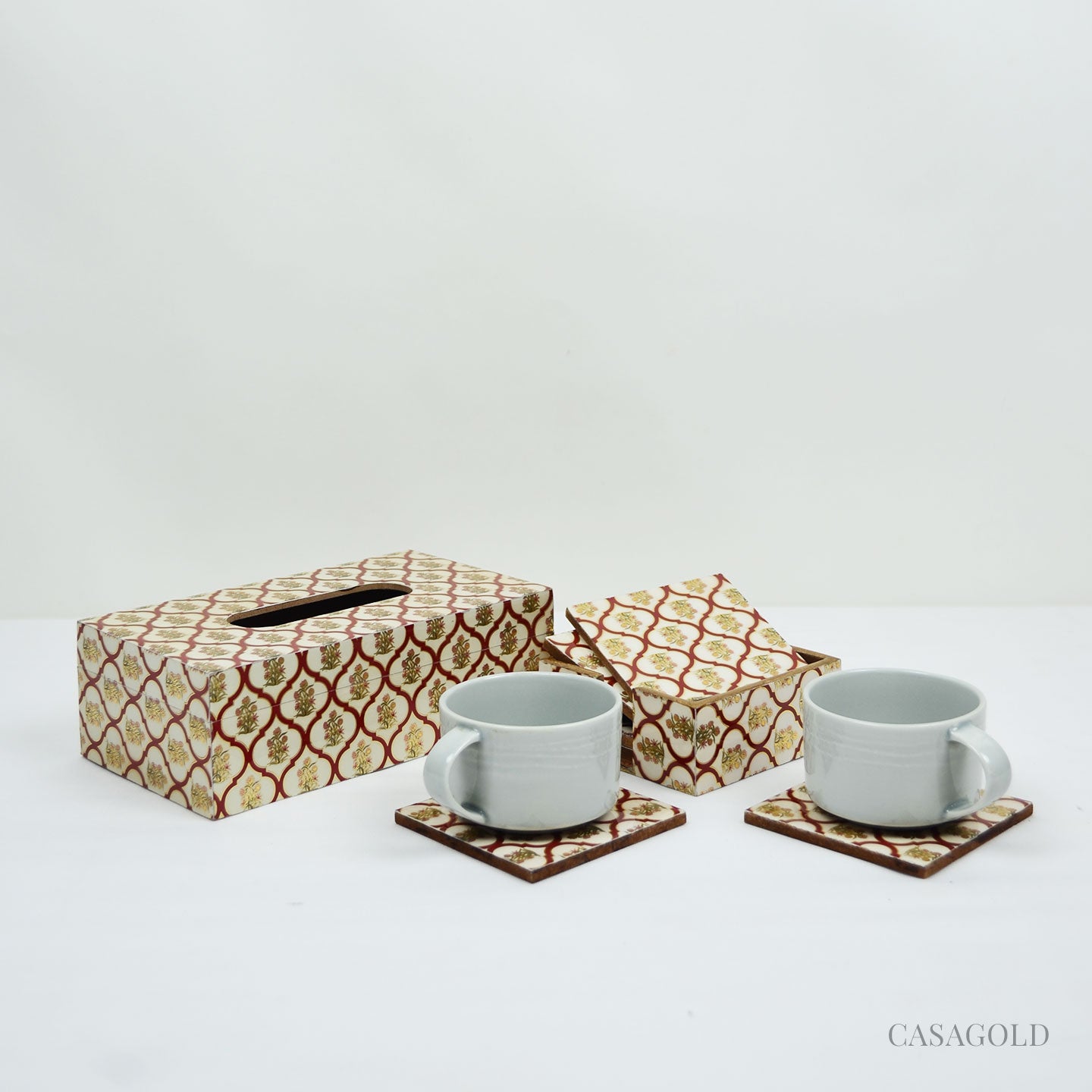 Designer coaster with a stylish tissue storage box
