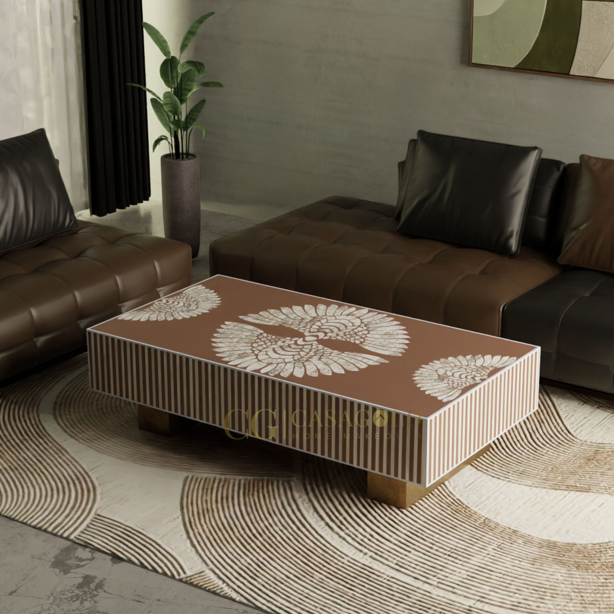 "Red & White rectangular coffee table with modern bone inlay patterns"