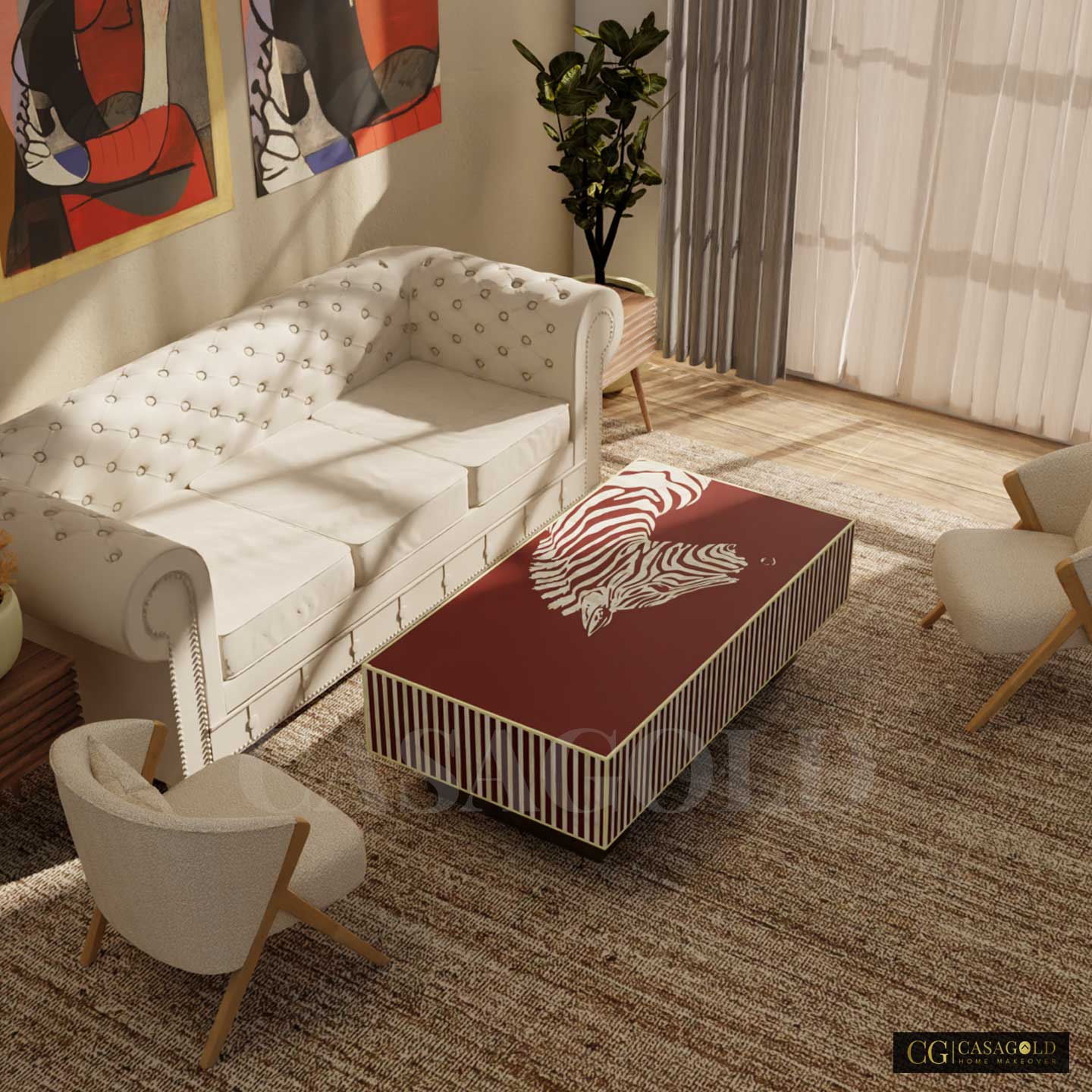 "Red bone inlay rectangular coffee table for bold interiors"
