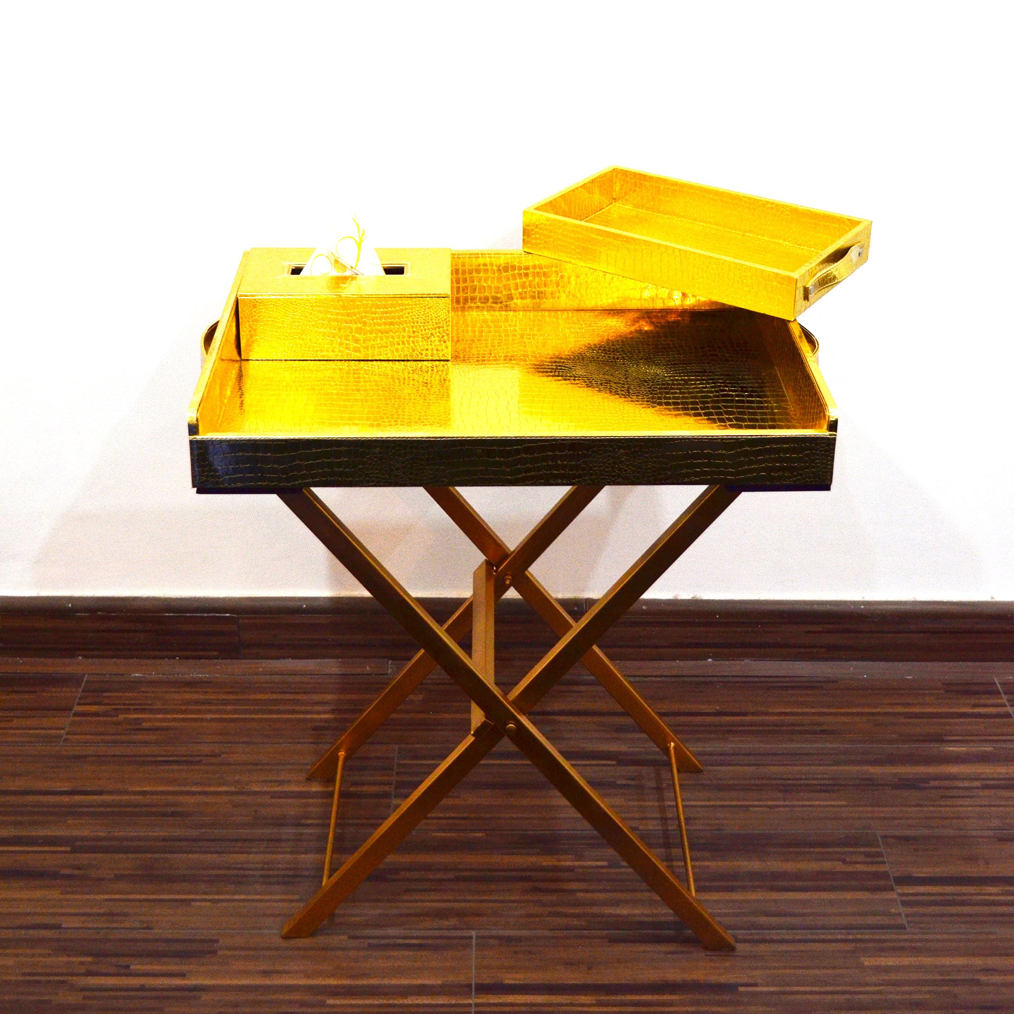Convenient butler tray with detachable top for serving.
