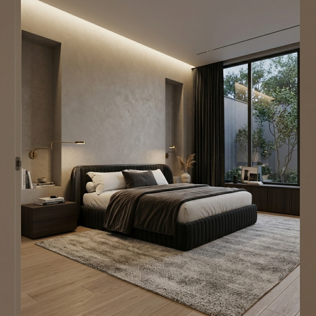 Riva is a contemporary upholstered bed with a curved channelled headboard and matching footboard, handcrafted to order in your choice of fabrics and colours.