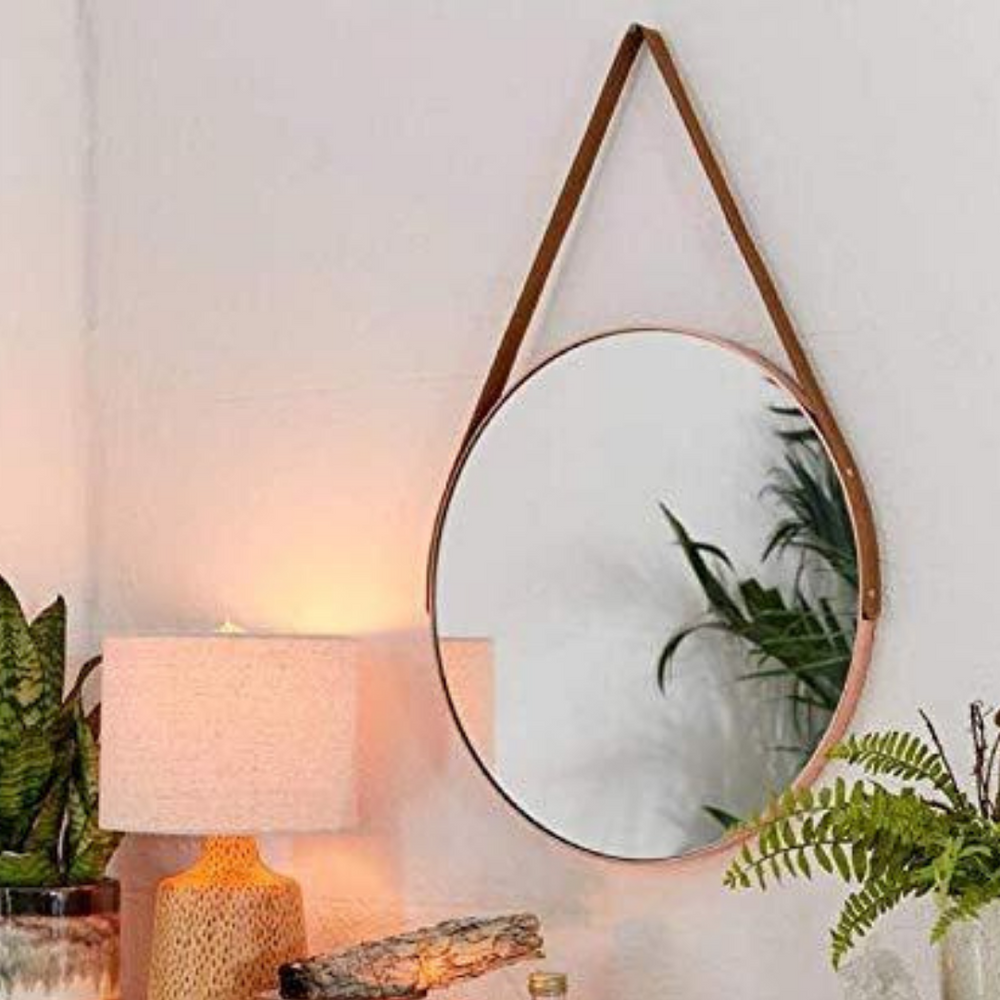 RoseGold Round Glass Mirror with Leather Strap	