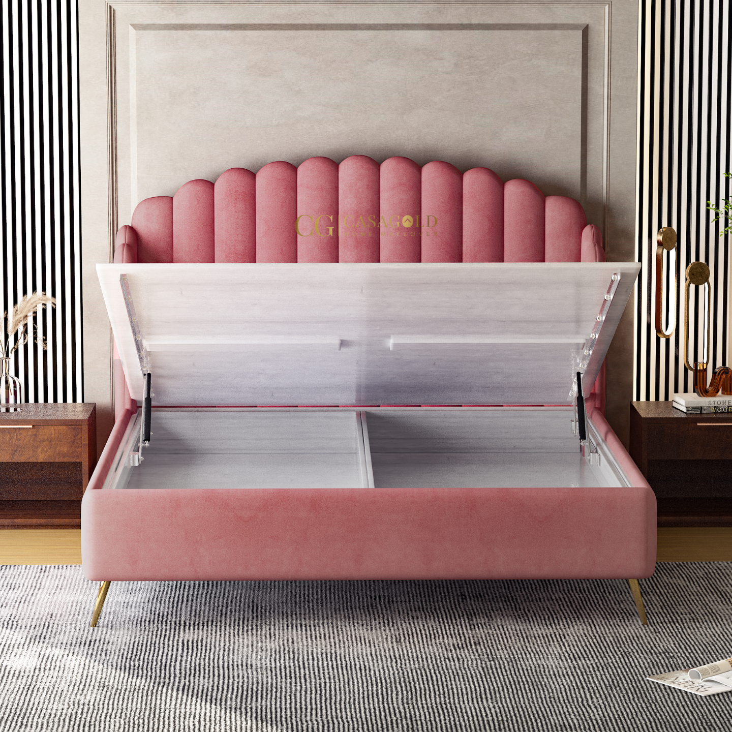 Luxurious rose pink velvet bed with a scalloped headboard design, featuring a hydraulic lift storage base and sleek gold legs, styled in a modern bedroom