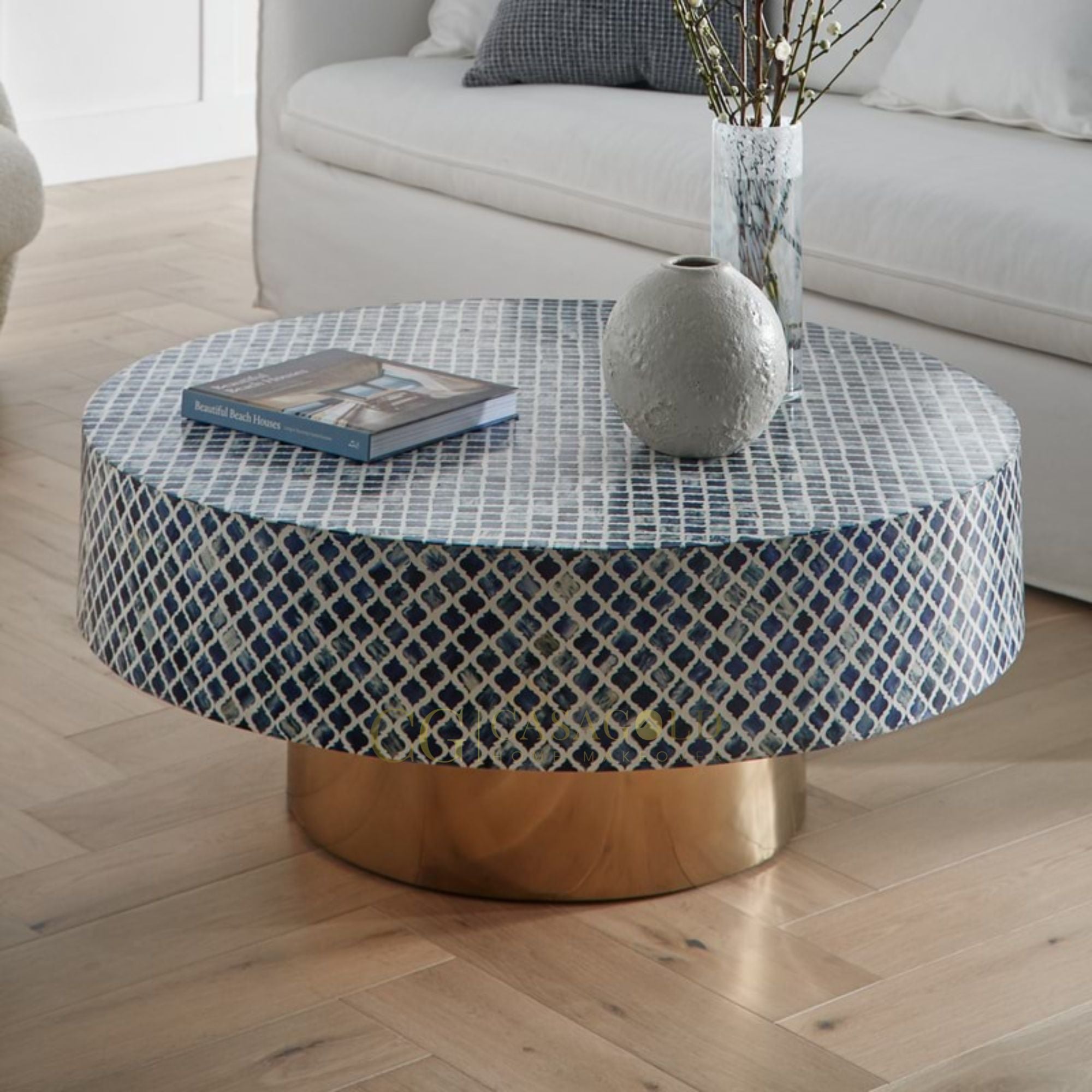 Round Bone Inlay Coffee Table for Living Room
