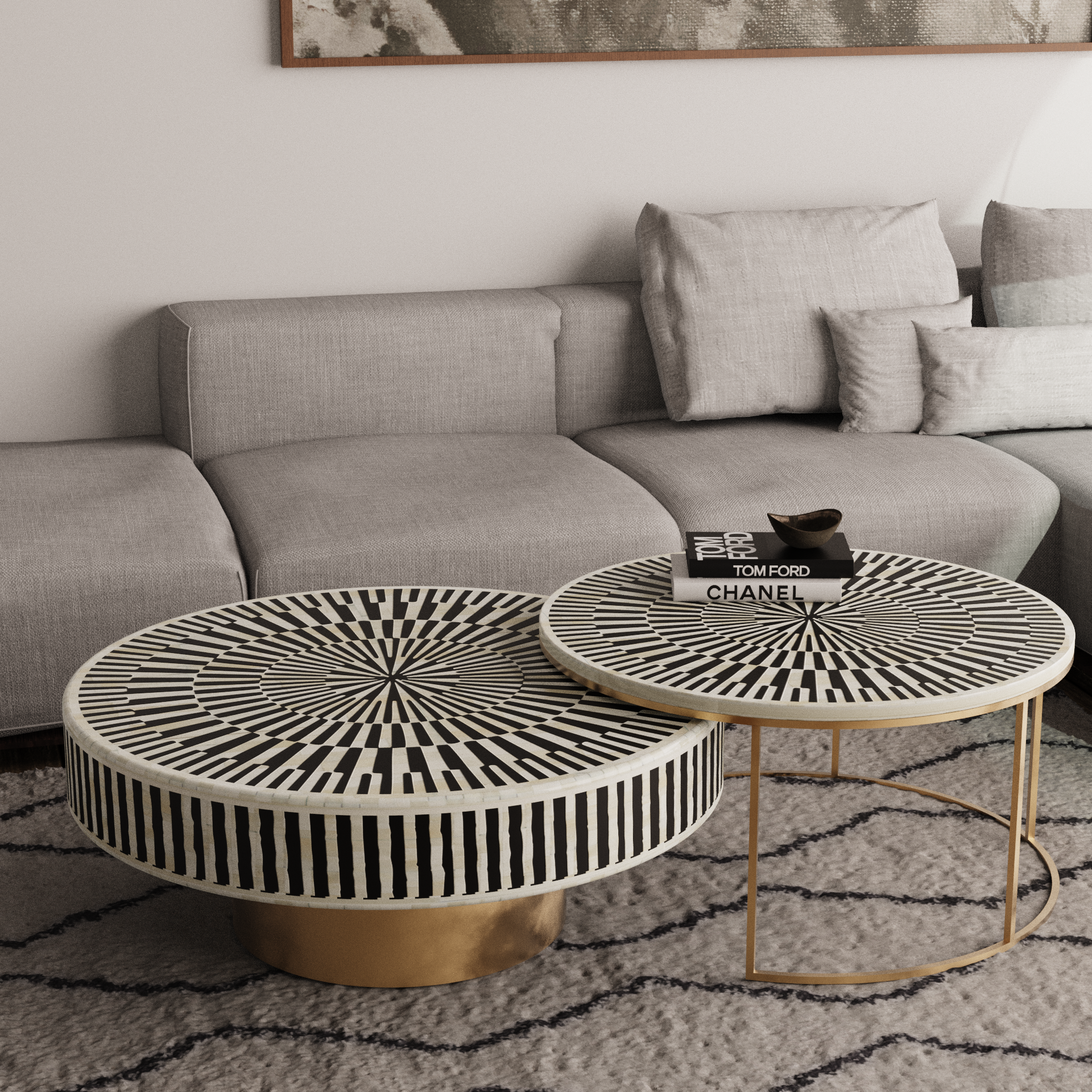 Round Bone Mosaic Inlay Coffee Table	