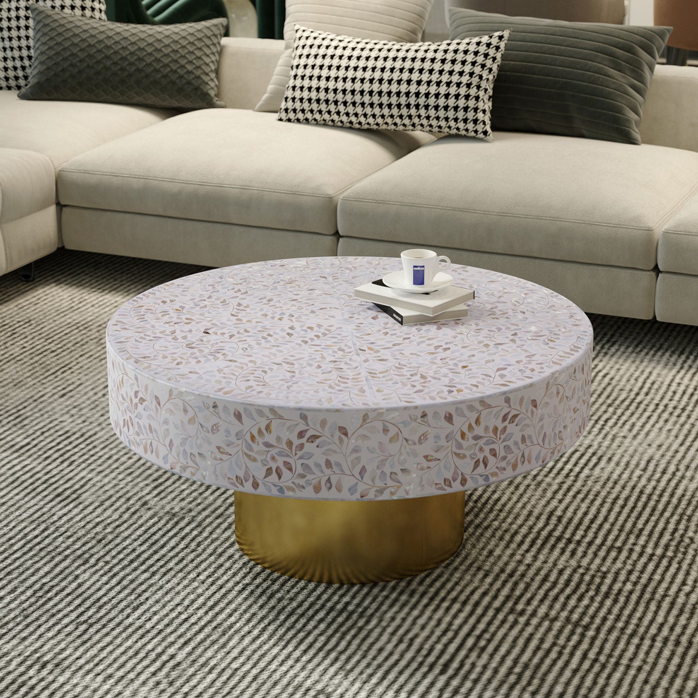 Round Coffee Table with Artistic Bone Inlay
