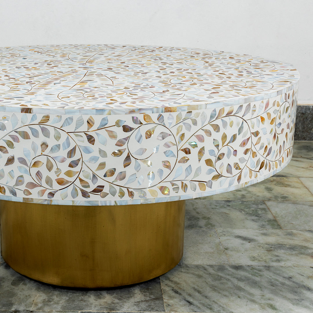 Round Coffee Table with Elegant Bone Inlay
