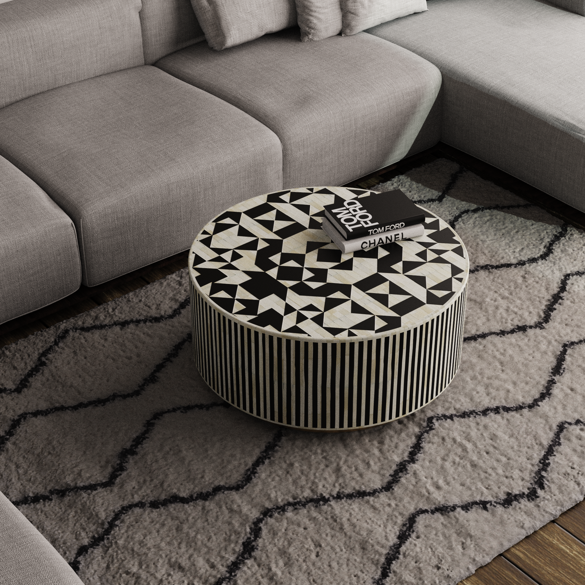 Round Coffee Table with Luxury Bone Inlay
