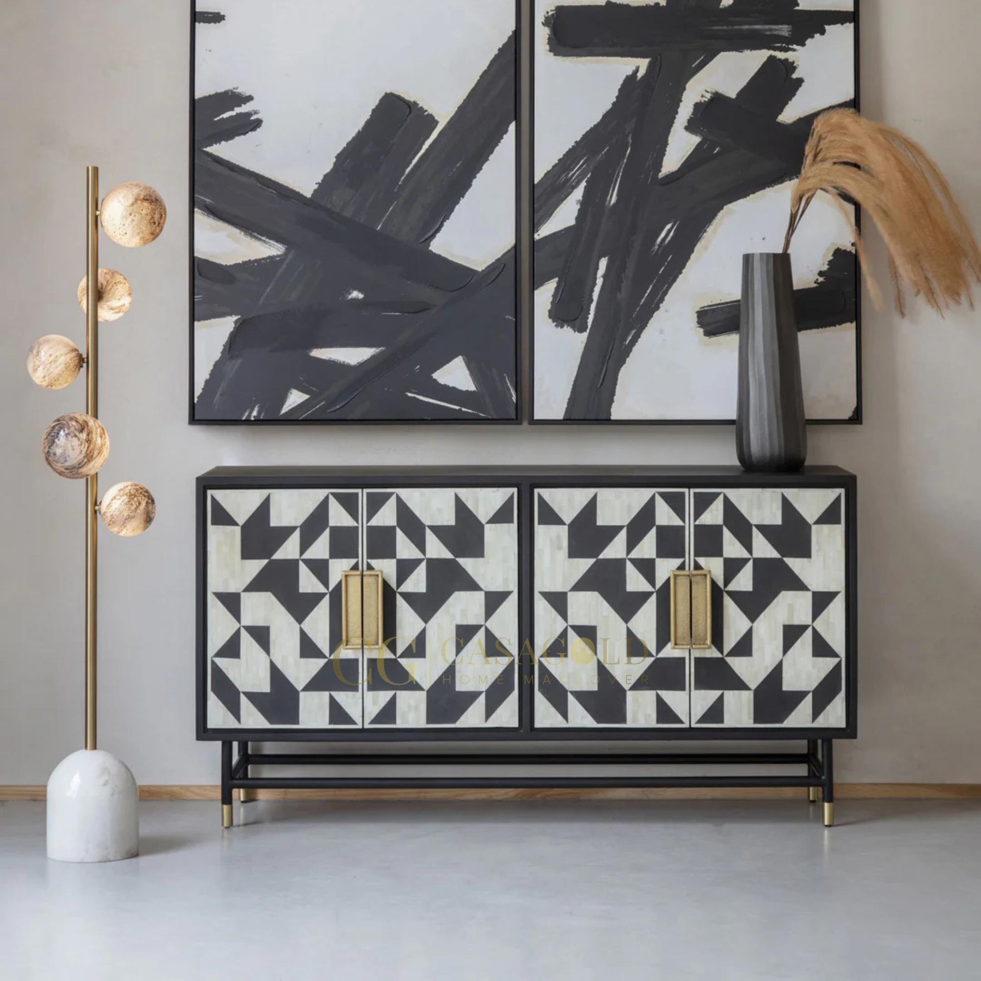 Rustic black and gold inlay sideboard with vintage appeal.
