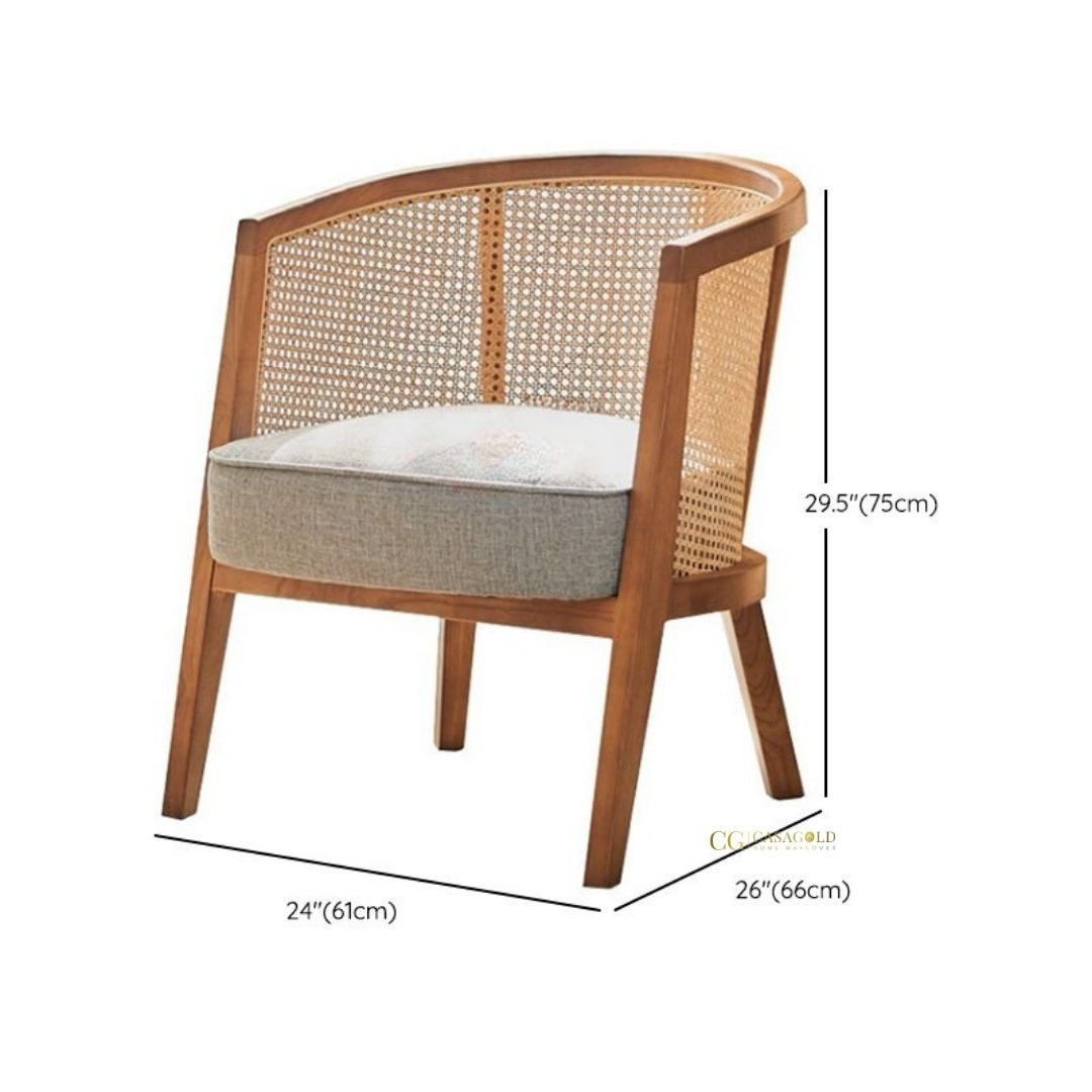 Rustic rattan chair with sturdy wooden frame and padded seat