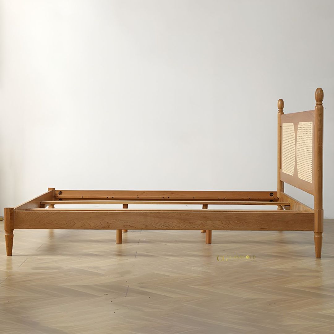 Rustic rattan bed in solid wood finish