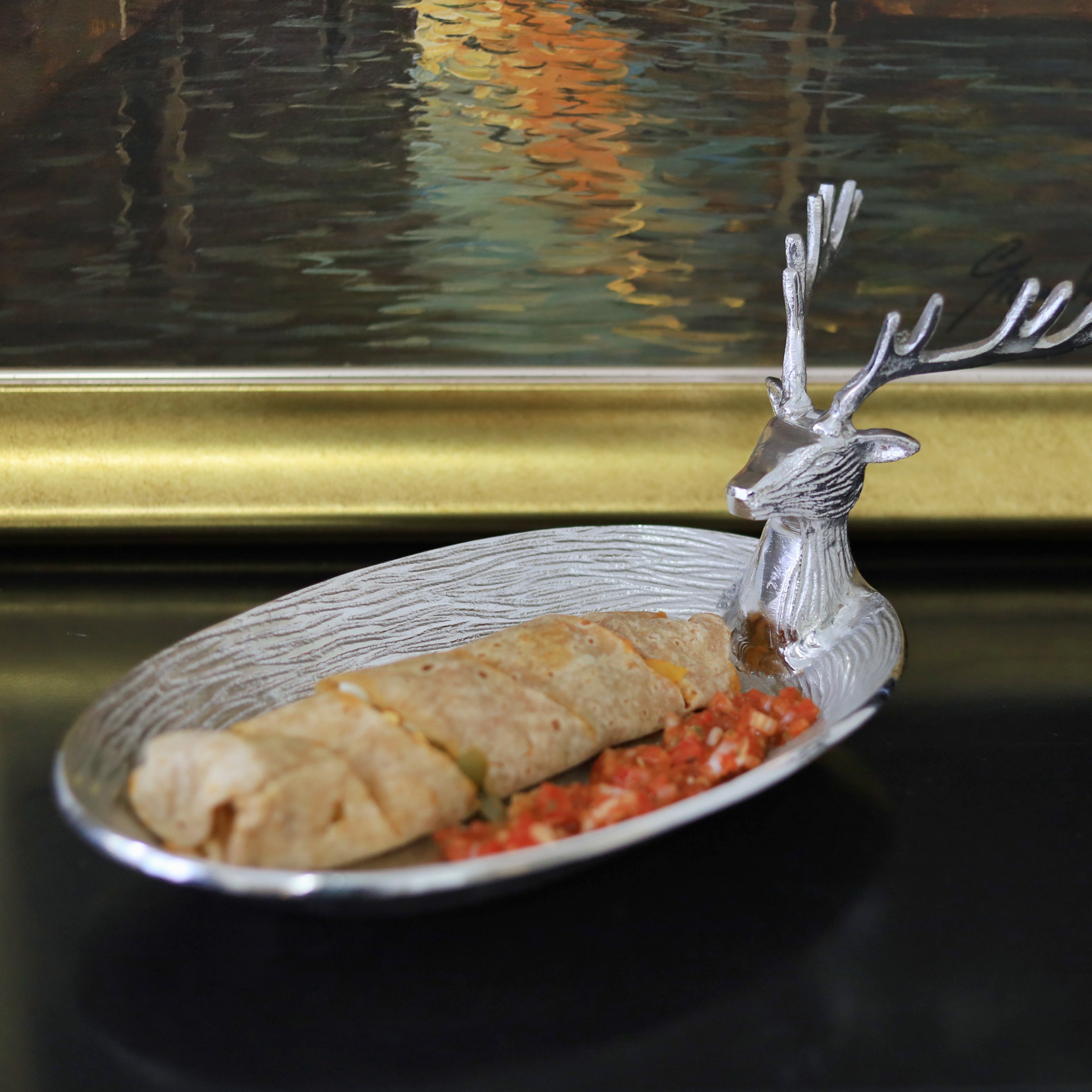Decorative rustic tray with stag motif
