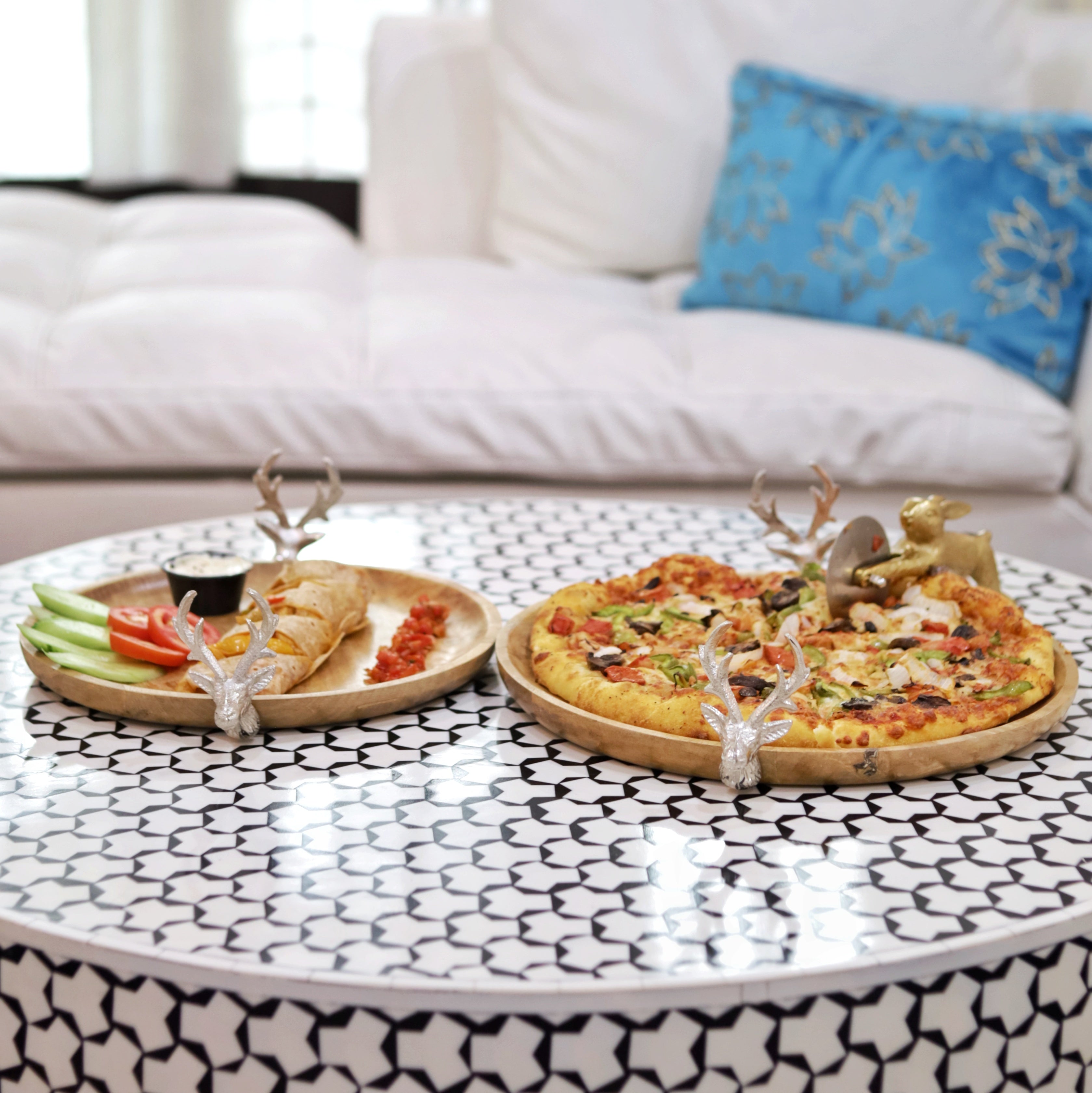 Decorative rustic wooden tray with stag motif

