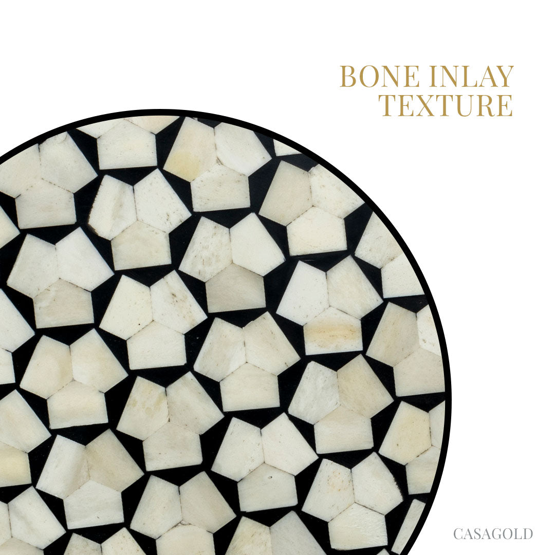 "Rustic hexagonal coffee table with tribal-inspired bone inlay patterns"
