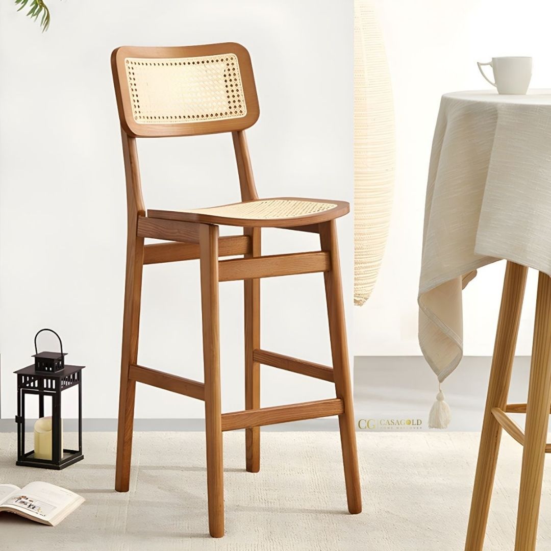 Scandinavian-style rattan high chair with wooden frame