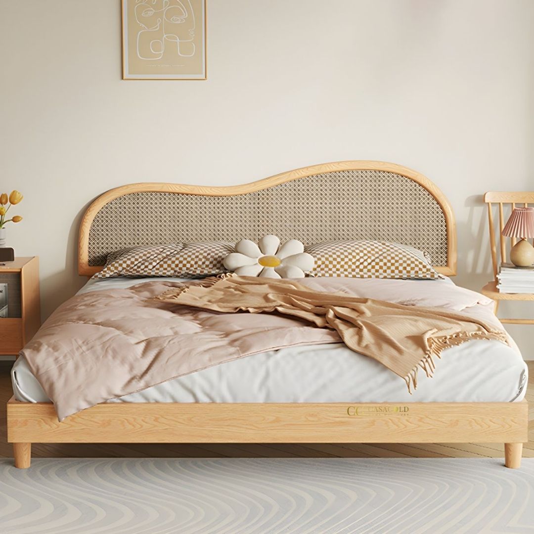 Wavy rattan bed with natural wood frame, minimalist design