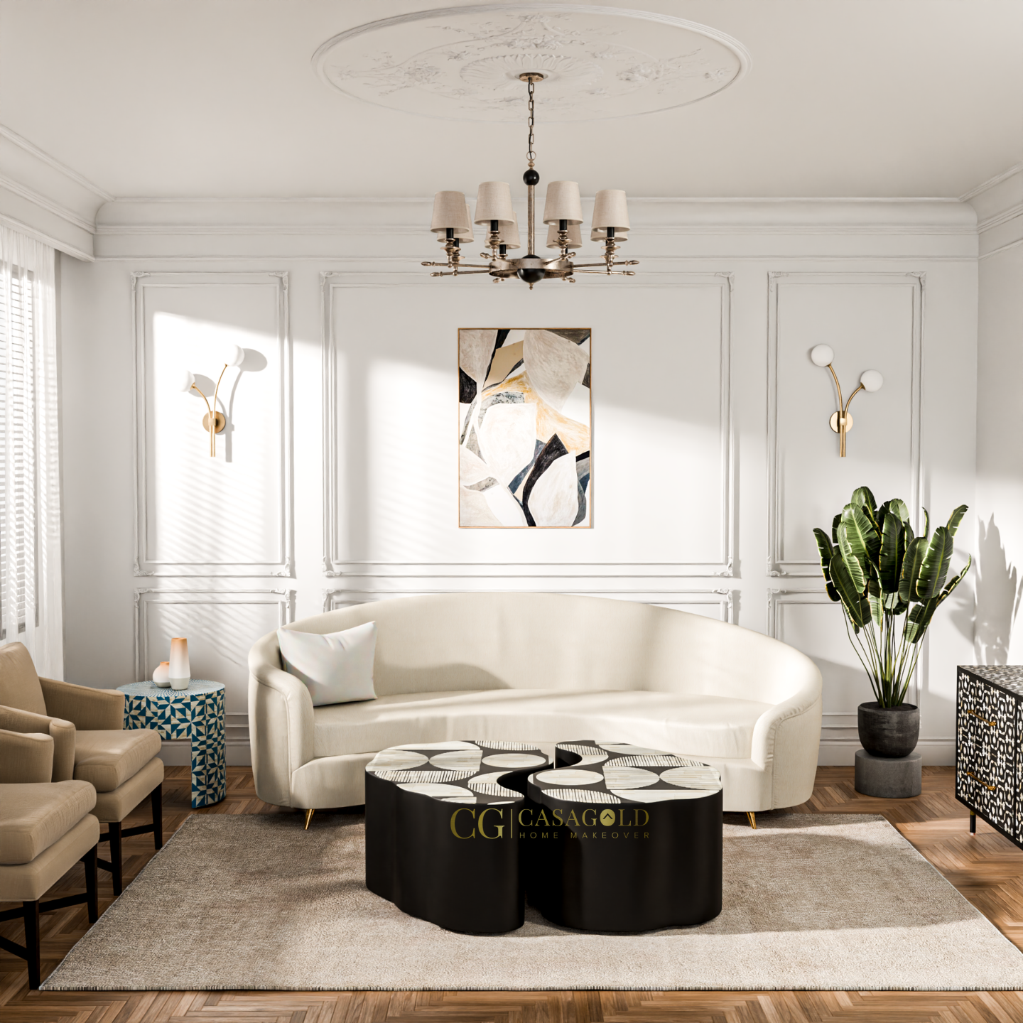 Curvy black console table with top inlaid circular petal design and central wave line