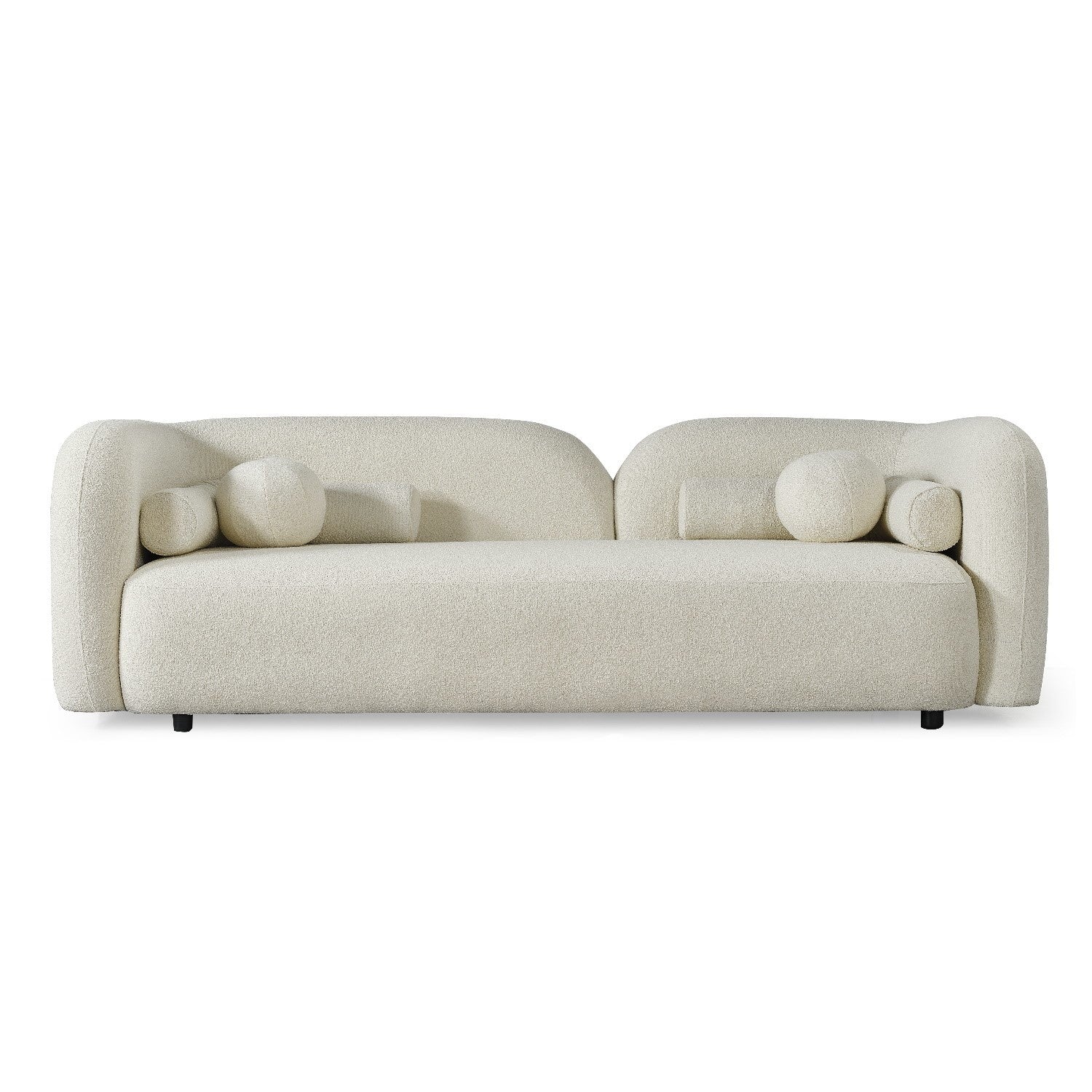 Modern art-inspired bouclé sofa with soft curves, three-seat capacity, and sculptural cushions