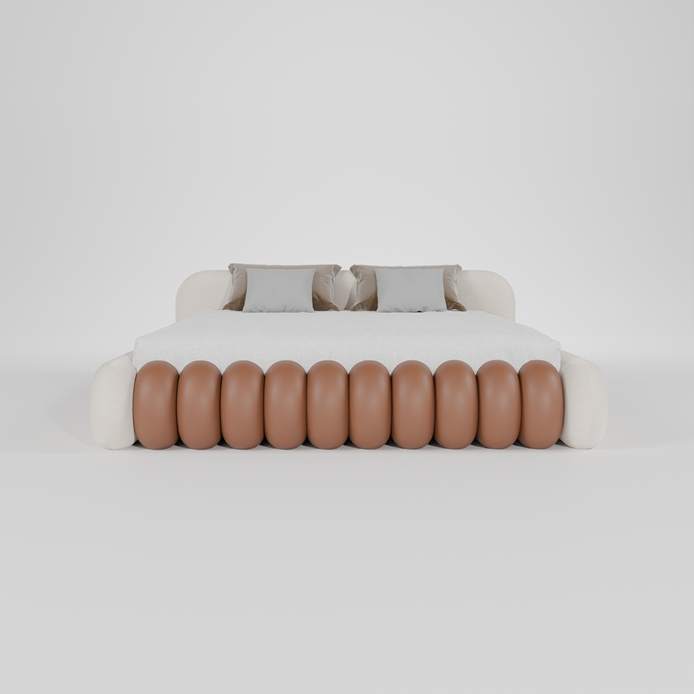 Milo designer bed with caramel padded footboard and neutral upholstered frame