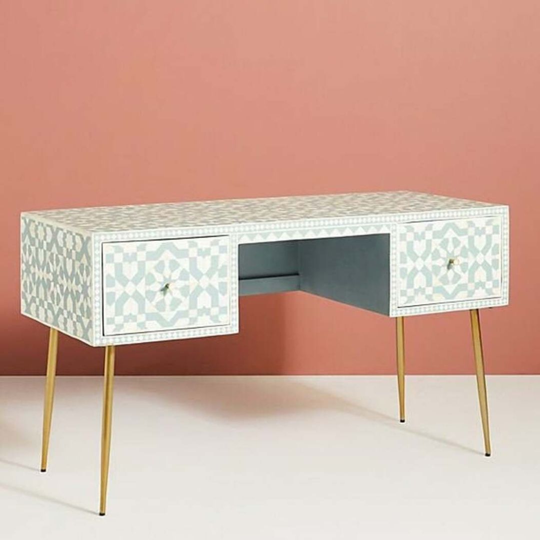 Seagreen Bone Inlay Console Desk with Spacious Storage
