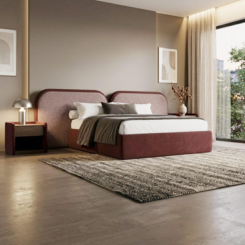 levate your bedroom with the Siena Upholstered Bed, a handcrafted luxury design with a sculptural split headboard, soft upholstery and warm wood detailing.
