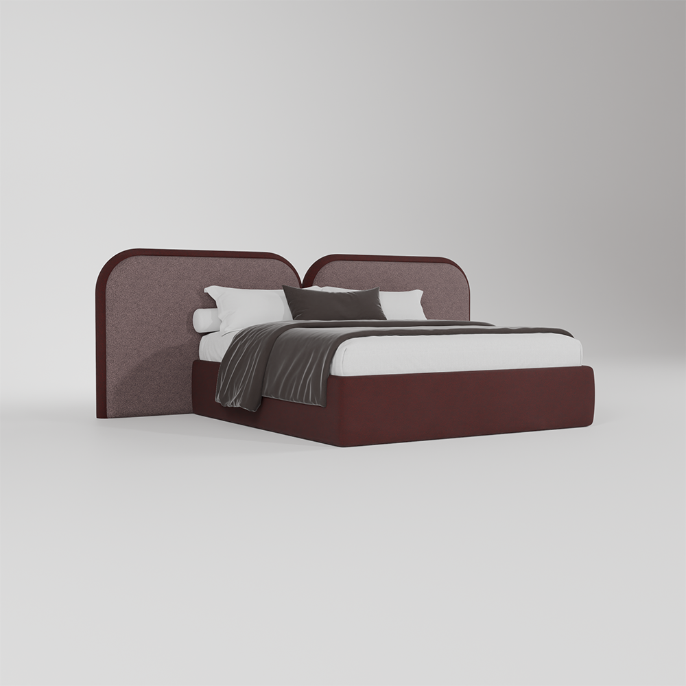 Shop the Siena Upholstered Bed by CasaGold, crafted with a sculptural split headboard, premium upholstery and elegant wood detailing for modern luxury interiors.