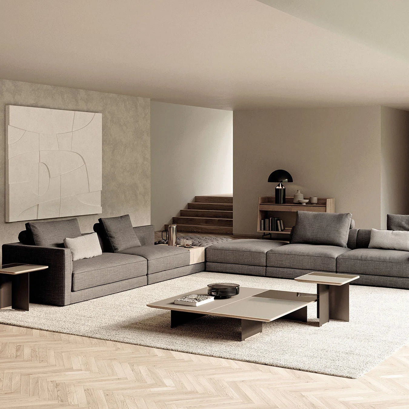 Minimalist grey three-seater couch with sleek squared arms – customisable for smaller spaces
