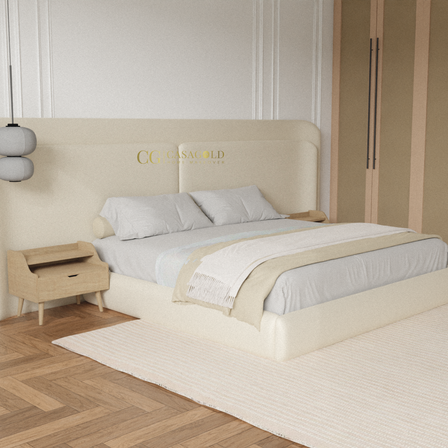 Minimalist bedroom featuring a beige upholstered bed, wooden side tables, and warm ambient lighting.
