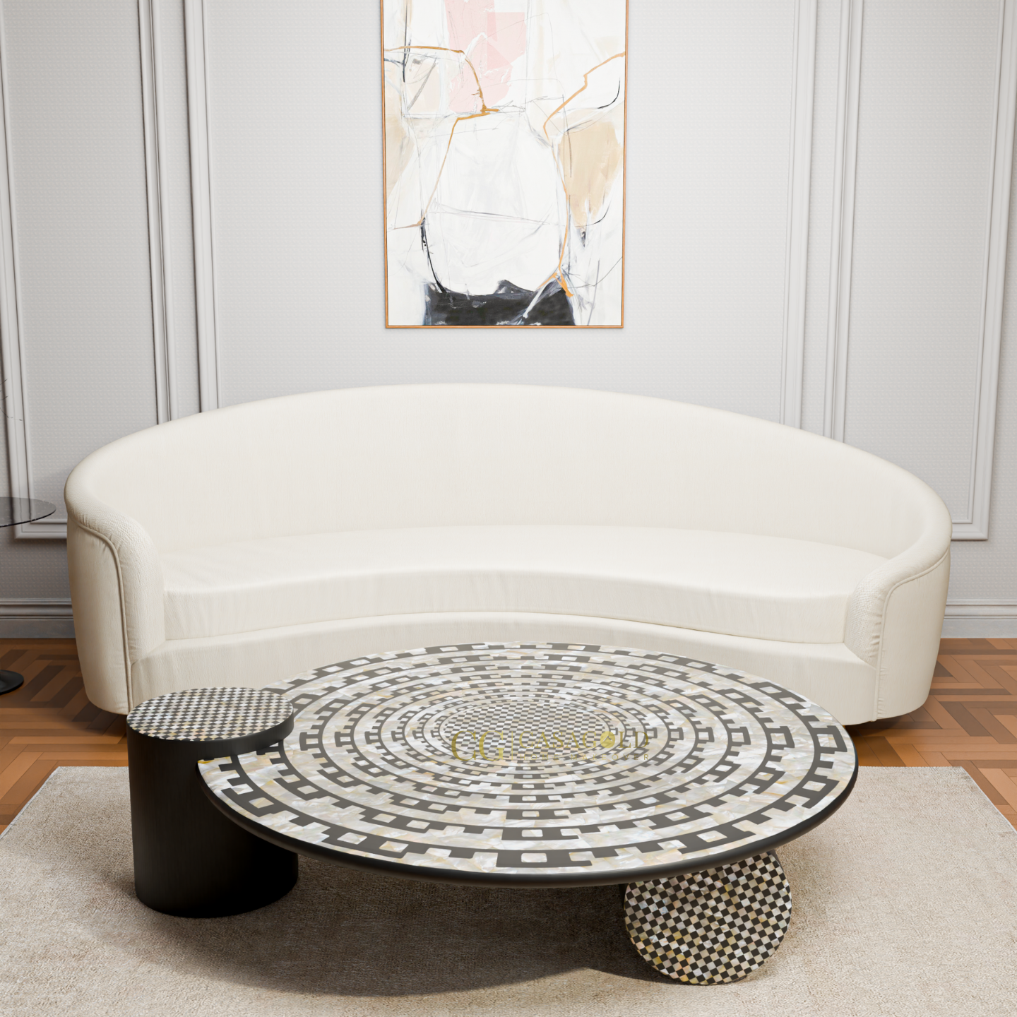 Round coffee table with a checkered maze-like pattern 