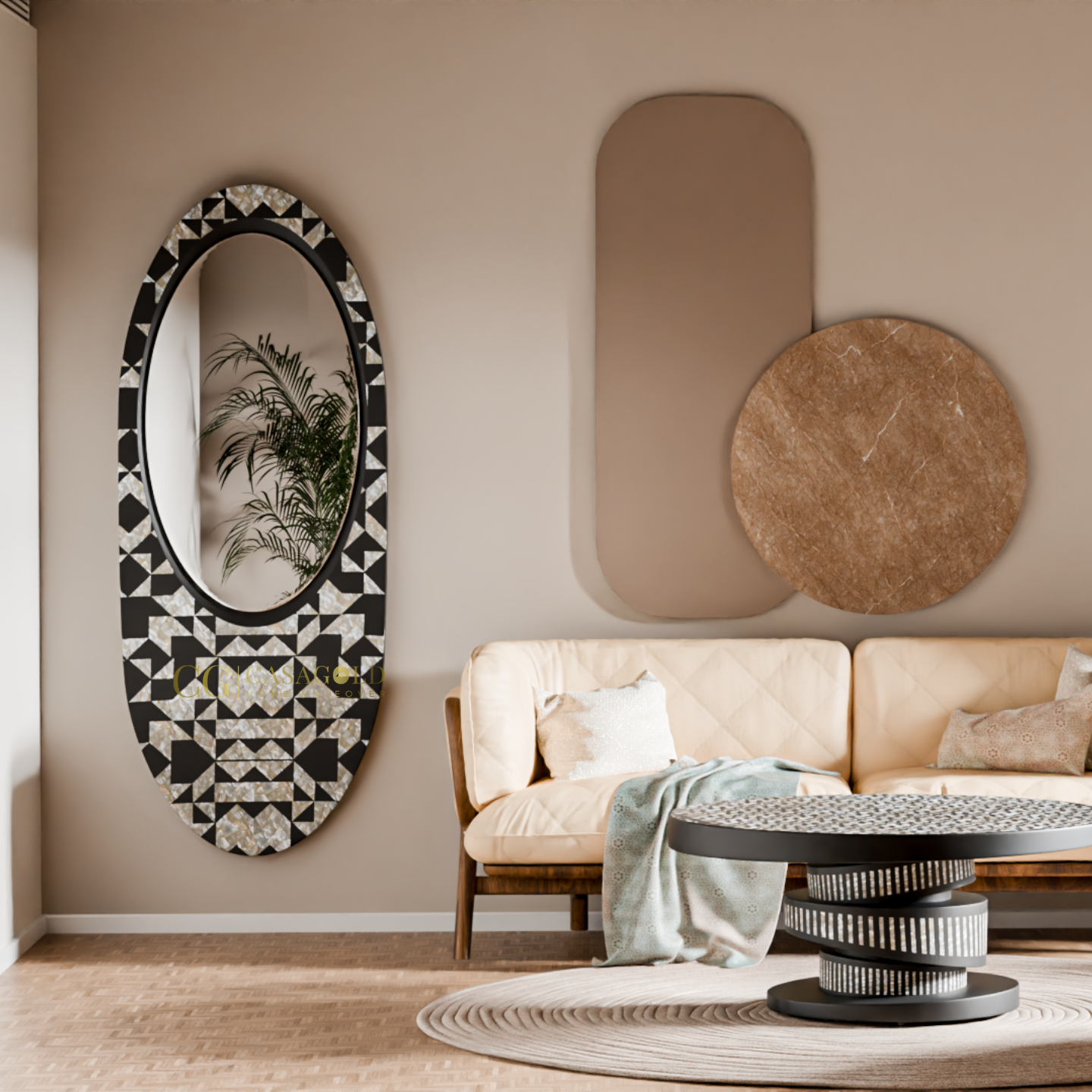 Reflective mirror with intricate frame leaning against the wall