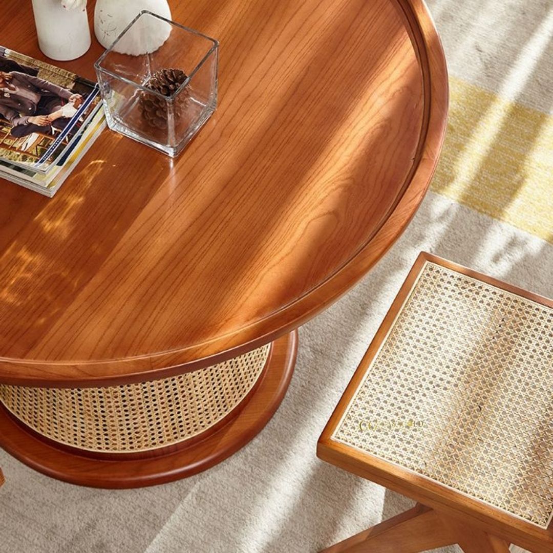 Stylish dining set with rattan and wooden chairs