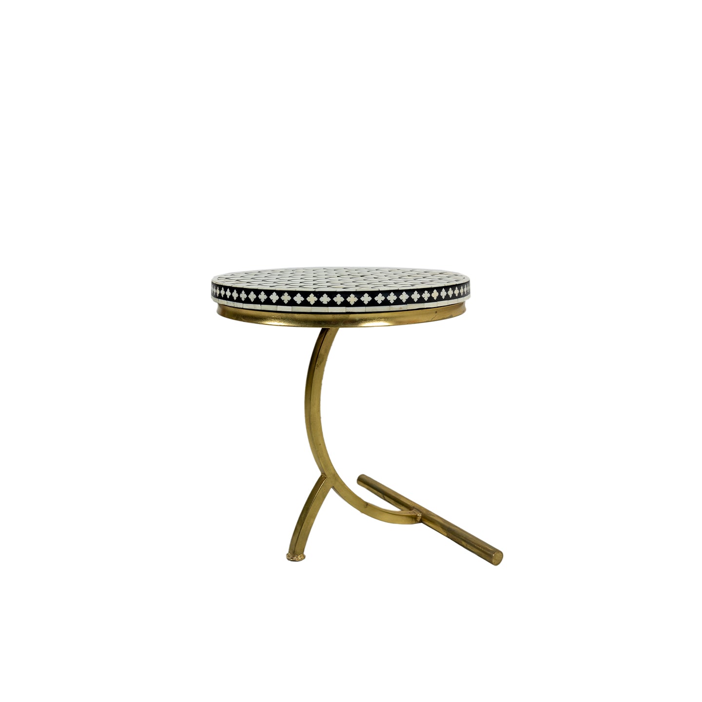 "Stylish black and white bone inlay round side table with 3 sturdy legs"
