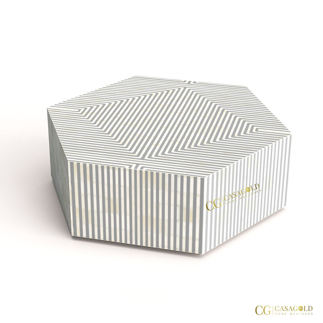 "Stylish hexagon coffee table with detailed bone inlay"
